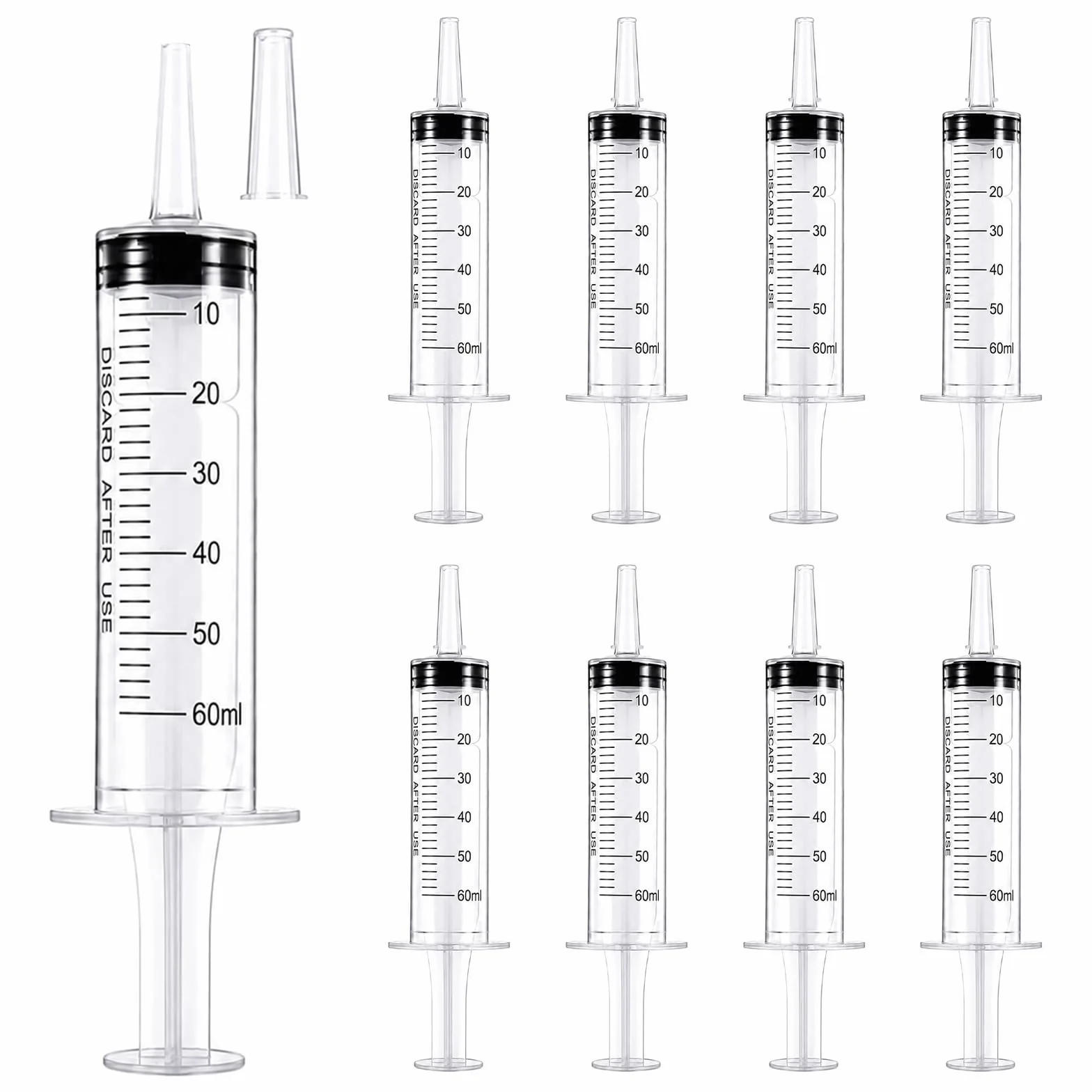 8 sztuk dużych strzykawek 60 ml, strzykawki z tworzywa sztucznego, pojedynczo zapakowane, strzykawka dozująca z nasadką, wielokrotnego użytku, do laboratoriów naukowych, pomiarów, dozowania,