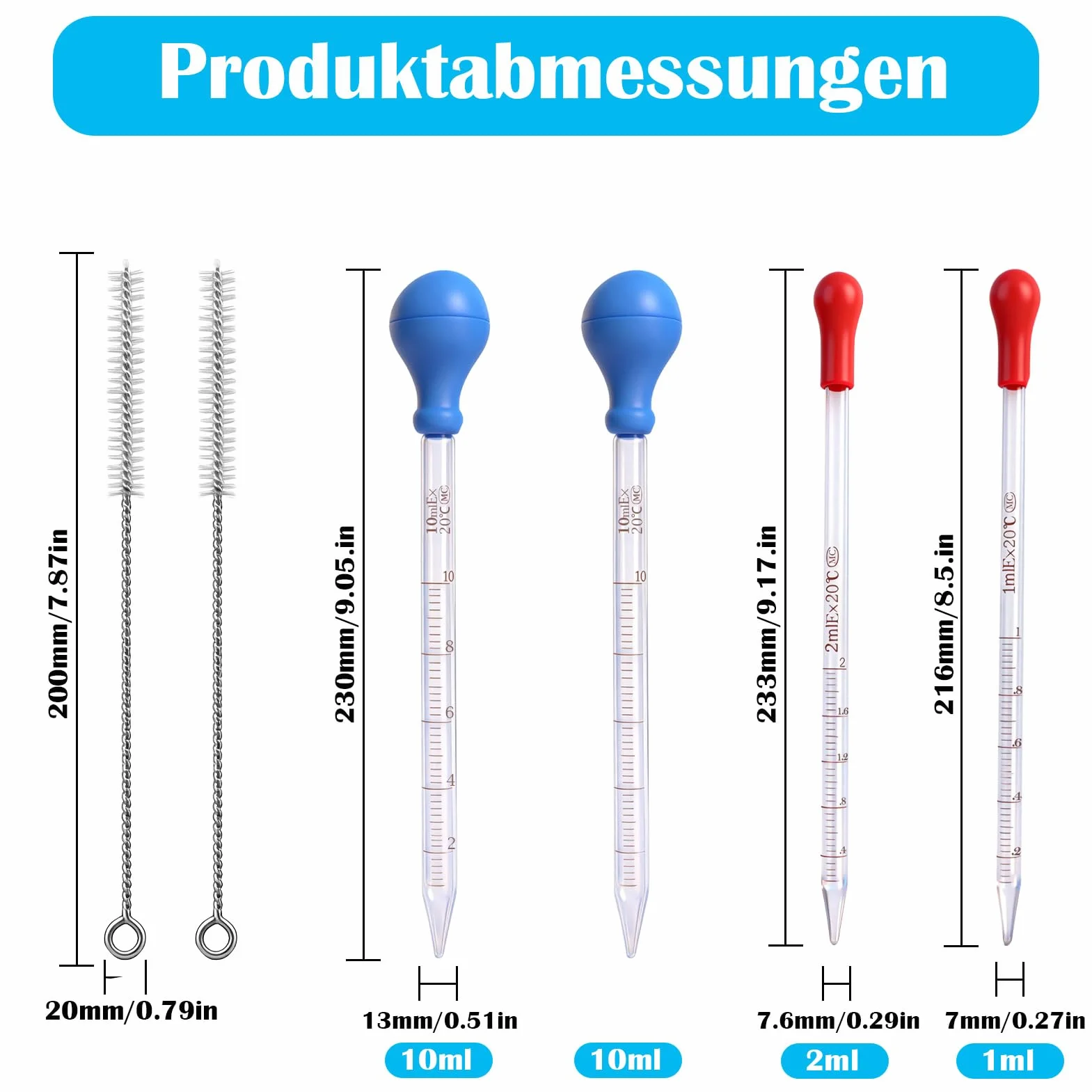 Zestaw pipety szklanych, pipeta szklana ze skalą, pipeta szklana, 10 ml, 5 ml, 2 ml, 1 ml, do laboratorium, żywności, zastosowań badawczych i medycznych, z 2 szczotkami do kropli