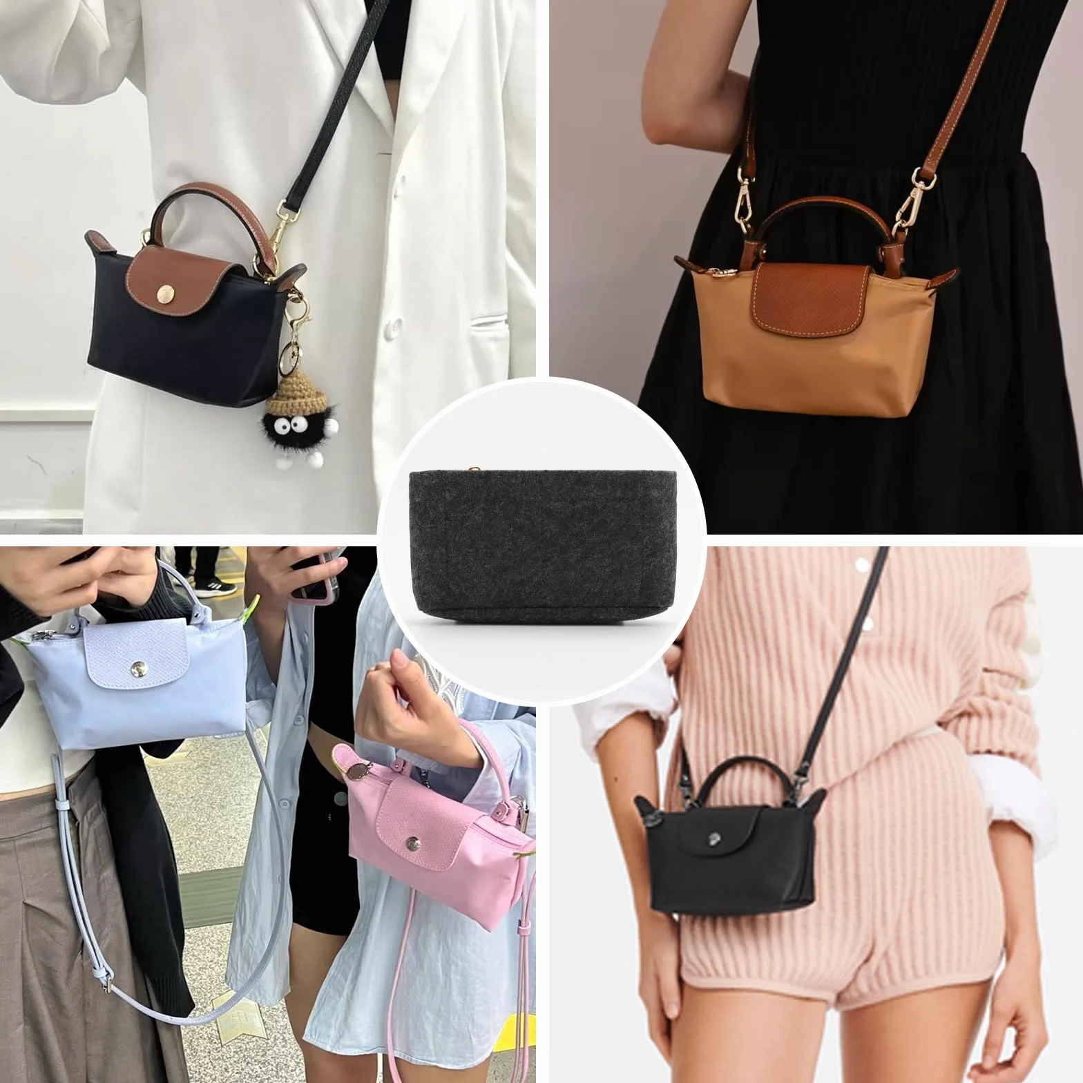 Organizer do torebki Longchamp Le Pliage, z filcu, z wielofunkcyjnymi kieszeniami, duża pojemność, Ciemnoszary mini