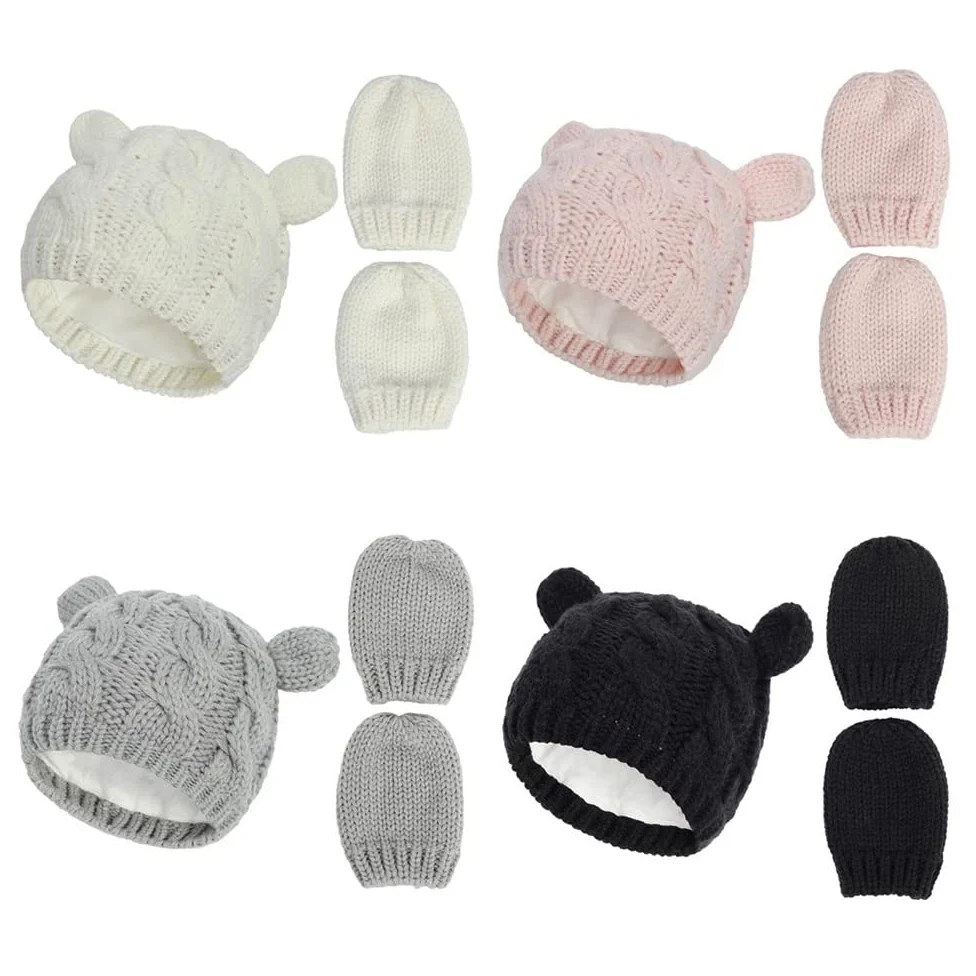 Dziewczęta Chłopcy Zimowa ciepła czapka z dzianiny Ucho Solidna, ciepła, śliczna rękawiczka 2 szt. Urocza czapka typu Beanie 0-18M