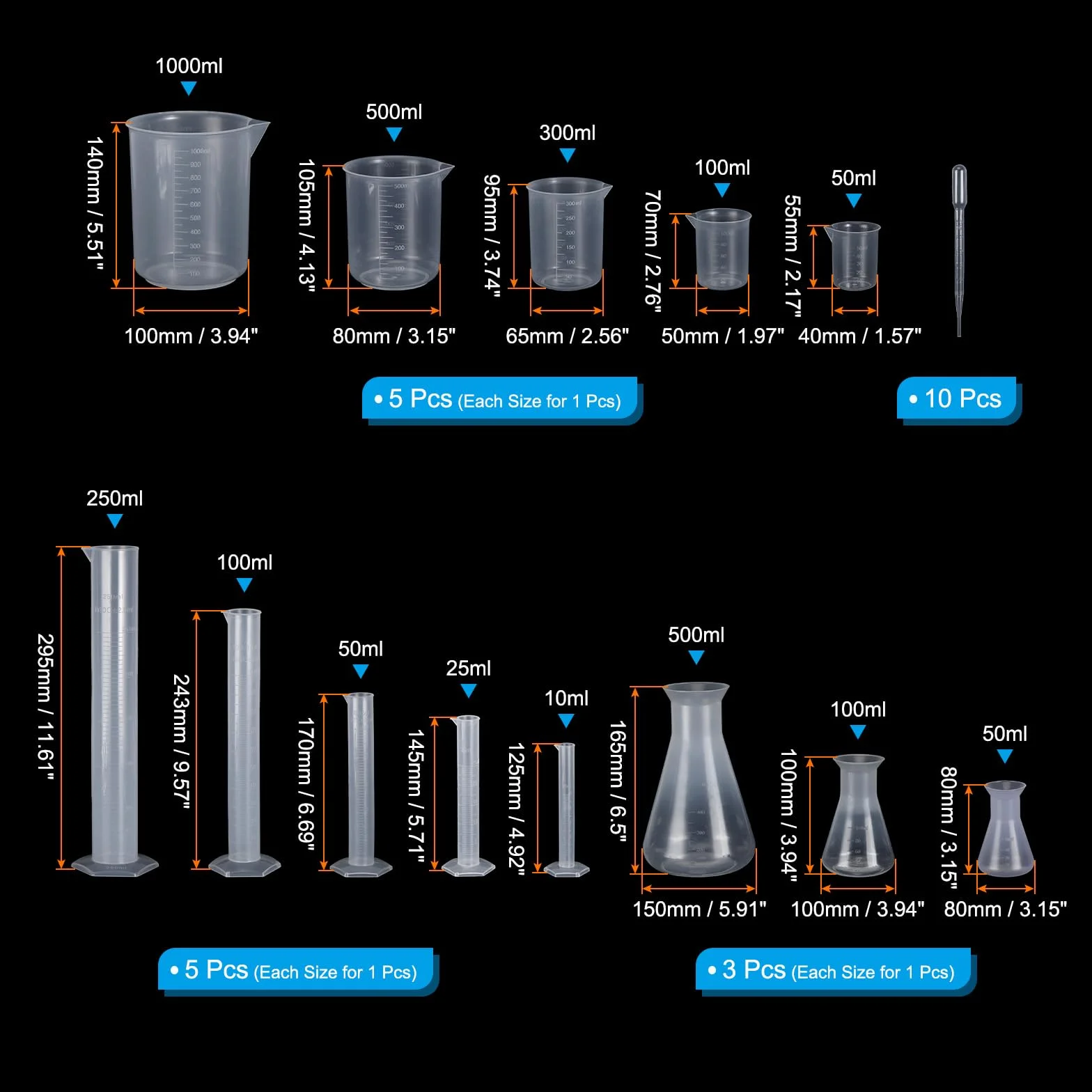 PATIKIL 5 szt. 10/25/50/100/250 ml PP plastikowy cylinder z podziałką 5 szt. 50 ml/100 ml/250 ml/500 ml/1000 ml plastikowa zlewka i 3 szt. 50 ml/100 ml/500 ml kolba, 10 szt. 3 ml plastikowa pipeta