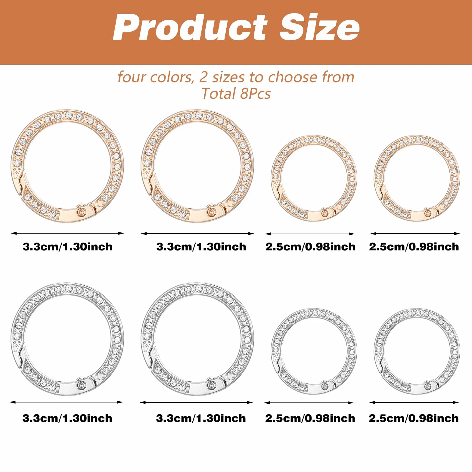 Nogeqi 8 okrągłych breloczków do kluczy, złote, 33 mm, 25 mm, błyszczący karabińczyk, okrągłe, stras, metalowe zamknięcie zatrzaskowe, kamienie strasu, do torebki, biżuterii, rękodzieła (srebrny,