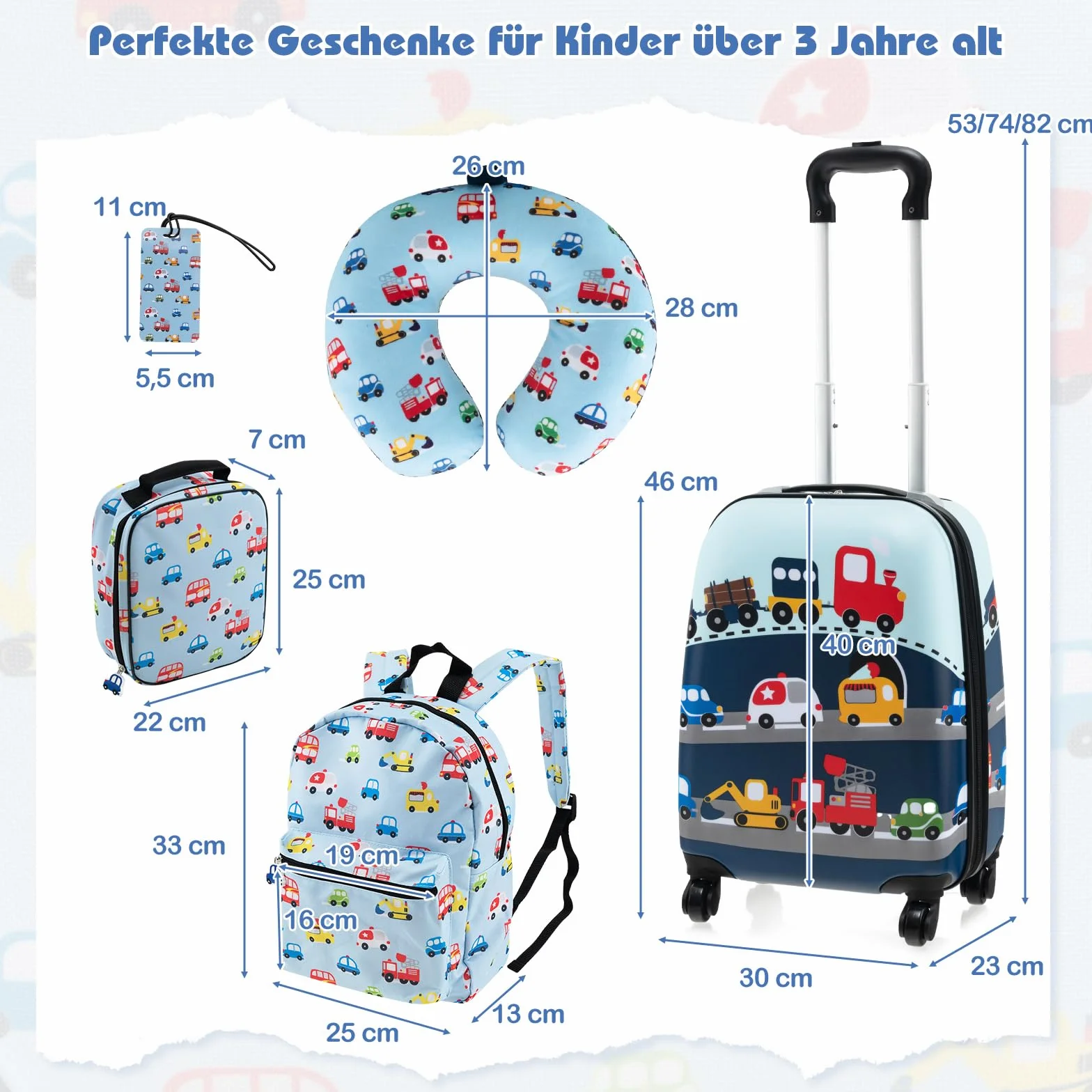 COSTWAY 5-częściowa walizka dziecięca + plecak, wózek dziecięcy z pudełkiem na lunch, zawieszka do bagażu i poduszka na kark, bagaż dziecięcy z kółkami, bagaż podręczny, walizka podróżna z twardą