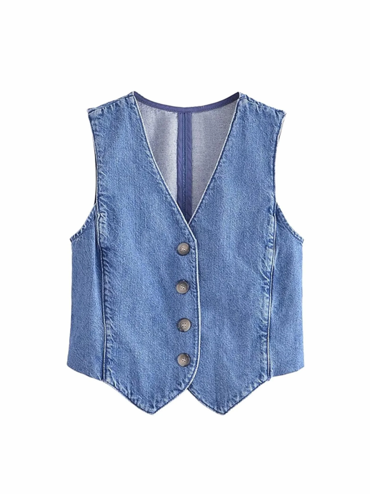 TRAF damska modna kamizelka dżinsowa z przodu na guziki vintage dekolt w serek bez rękawów damska odzież wierzchnia eleganckie topy