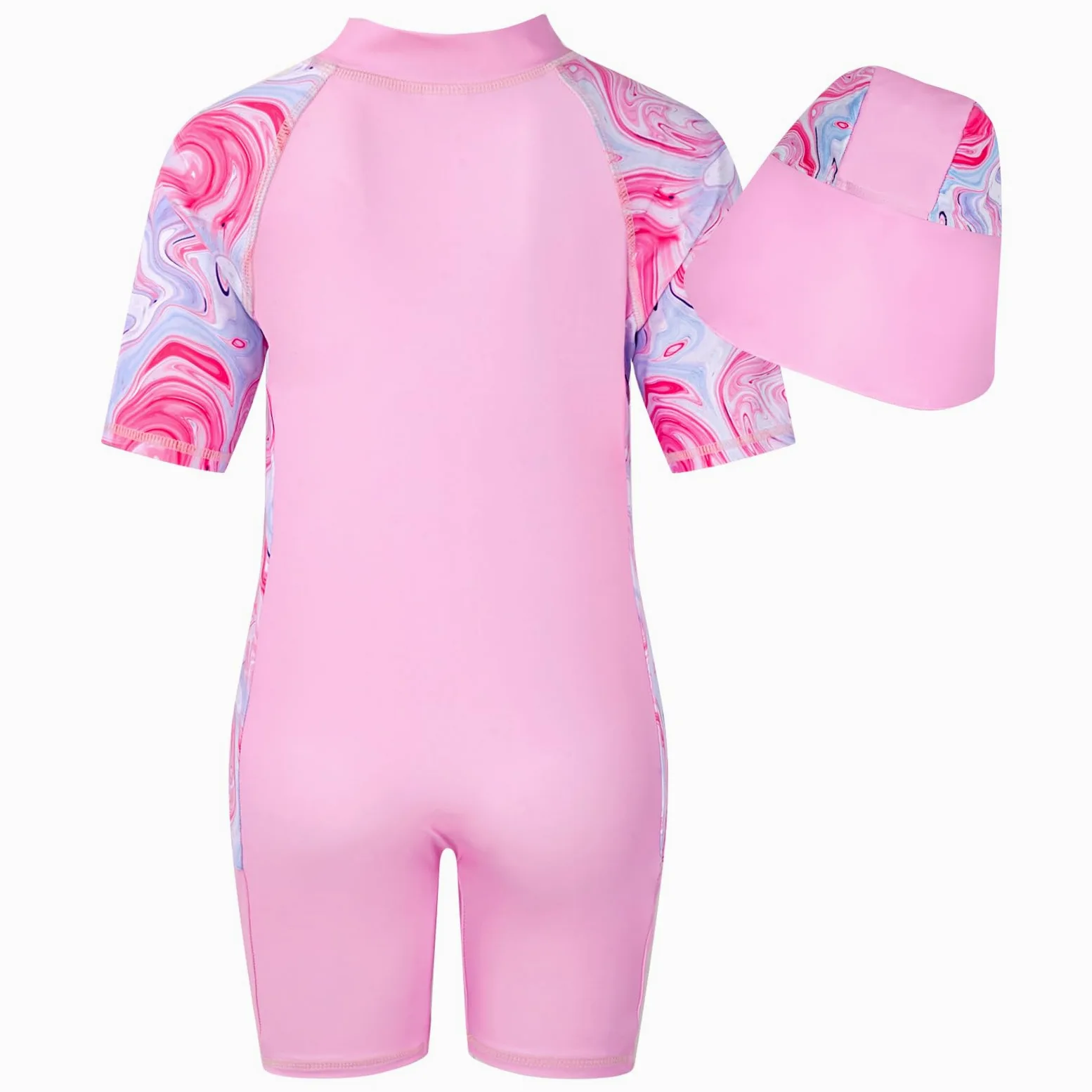 WYTbaby Dziewczęca moda kąpielowa, jednoczęściowa, z długim rękawem, ochrona przed promieniowaniem UV, syrenka, nadruk z materiału, bokserki dla dziewczynek w wieku 4-9 lat, Różowy krótki rękaw, 8-9