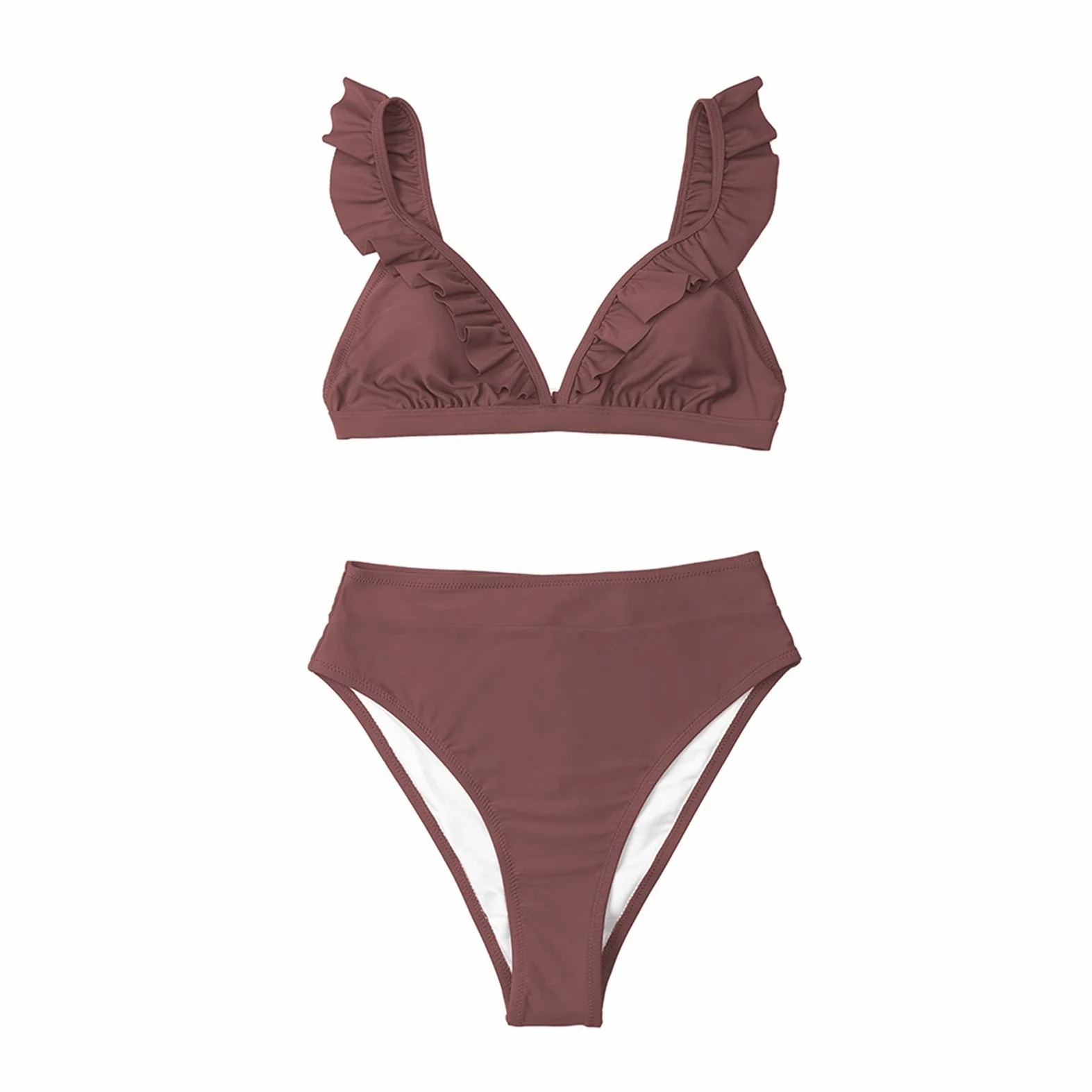 Dwuczęściowy strój kąpielowy V-neck Potargane zestawy Bikini z wysokim stanem Strój kąpielowy Kobiety Seksowny solidny brązowy Dwuczęściowy strój kąpielowy Nowe plażowe kostiumy kąpielowe Bikini Set (A XXL)