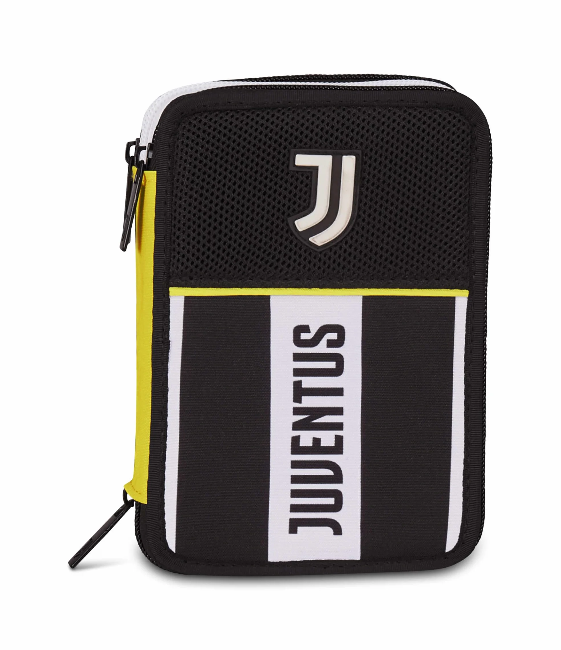 Seven Juventus Piórnik szkolny z 3 zamkami błyskawicznymi, czarny, potrójny pojemnik na długopisy, ołówki, kolory, szkoła podstawowa, dziecko, piłka nożna, czarne, nowoczesny