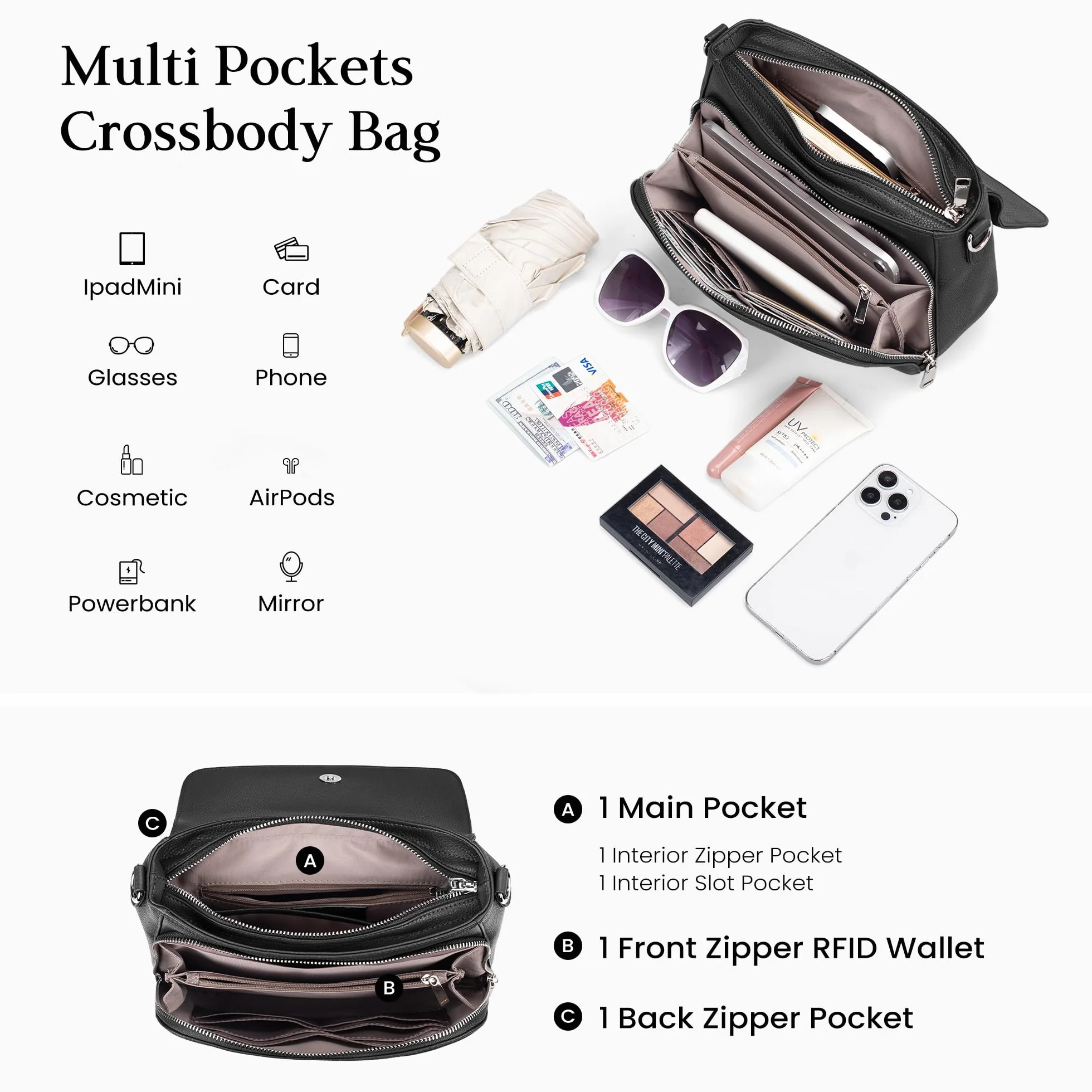 befen Torby crossbody z prawdziwej skóry dla kobiet z wbudowanym portfelem RFID, średnia damska torba podsiodłowa, torebka na ramię