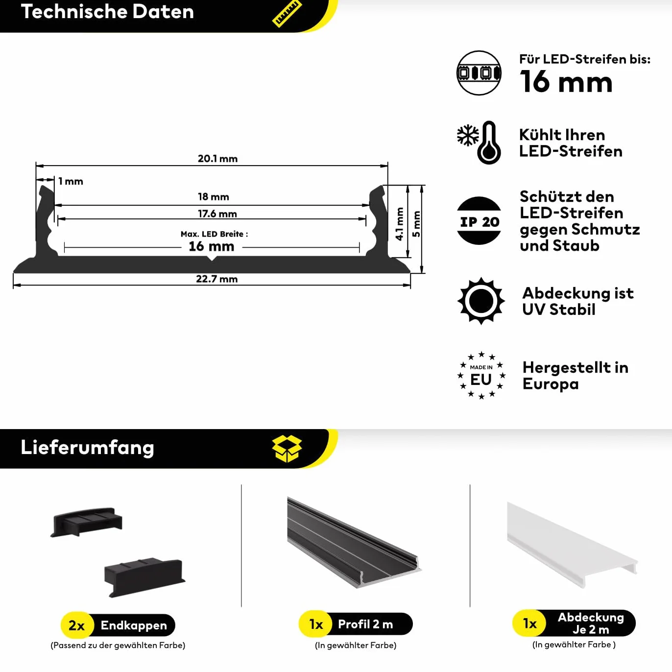 Profil aluminiowy do taśm LED | 200 cm | 2m | Profil natynkowy | w zestawie osłona + akcesoria | dla 12 mm taśm LED (Profil aluminiowy CZARNY z mleczną osłoną) | Leine