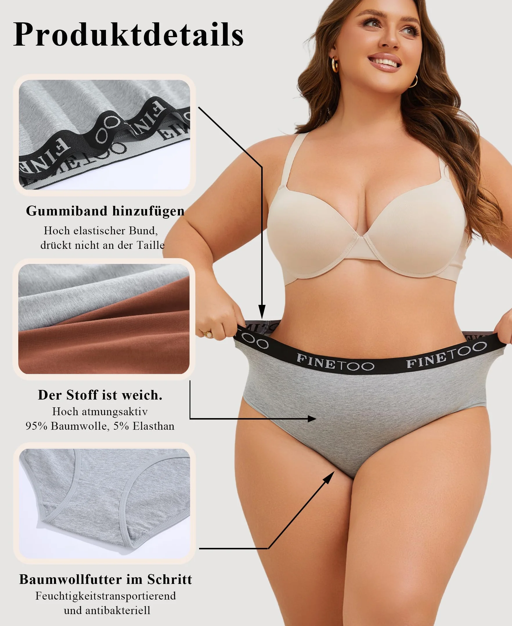 FINETOO Zestaw 5 par majtek damskich, bawełnianych, wysoka talia, rozciągliwa, bawełna, oddychające, miękkie majtki, wielopak, S-XXL