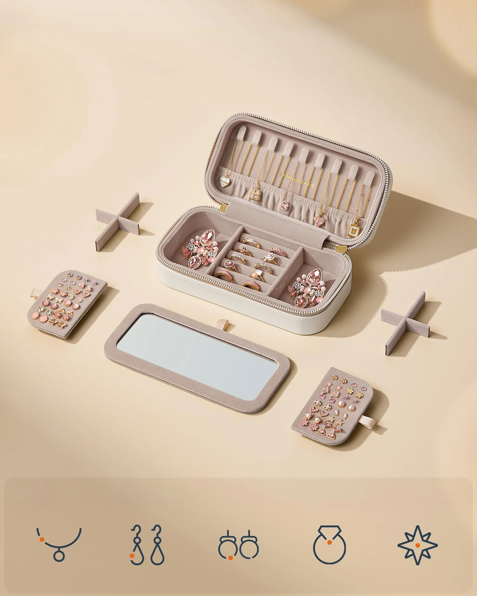 SONGMICS HOME ANAH podróżna szkatułka na biżuterię z lusterkiem 10,5 x 20,5 x 6 cm zapięcie na suwak