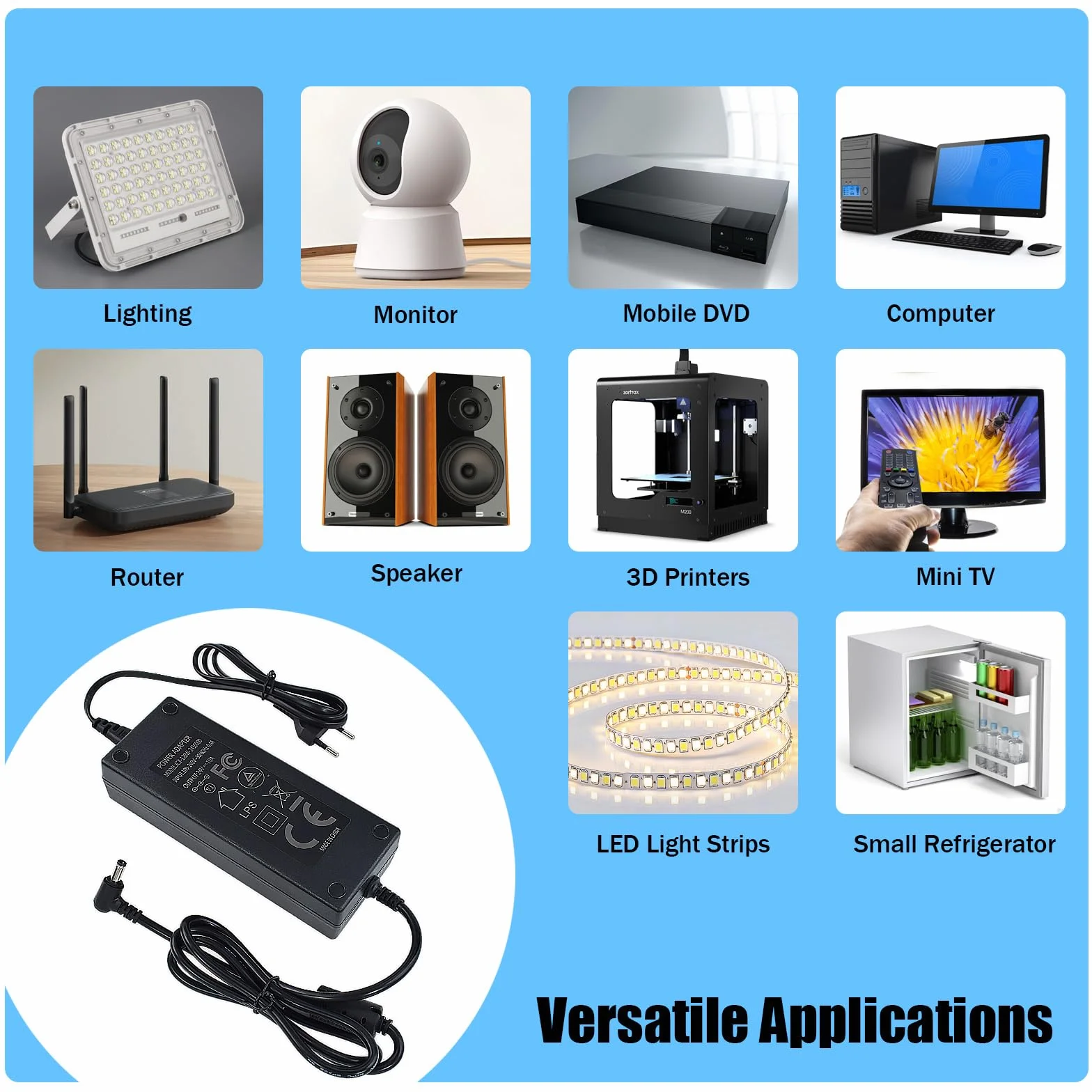 Zasilacz AC 100-240 V do 24 V 8A, transformator 192 W, adapter sieciowy, konwerter z 5,5 x 2,5 mm, gniazdo wyjściowe DC do taśm LED, monitorów LCD, DVD, telewizorów