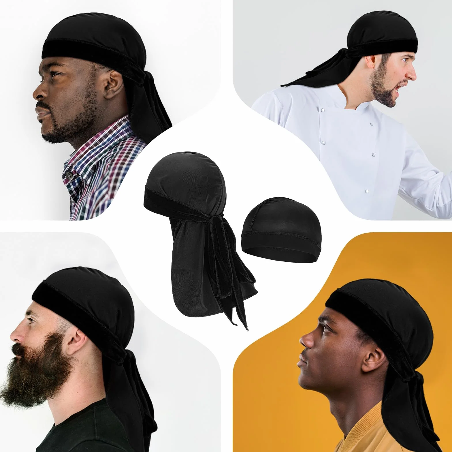 Aksamitny Durag dla mężczyzn z 1 czapką fali, miękka tkanina 360 fal doo, długie, podwójne, szerokie paski, jeden rozmiar pasuje do większości (czarny)