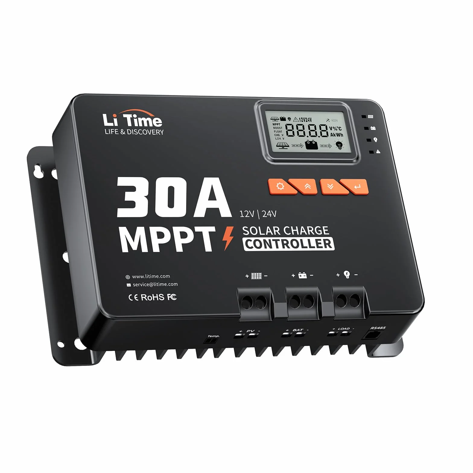 LiTime Regulator Ładowania Solarnego 30A, MPPT Solarny Regulator Ładowania 12V Dzięki Adapterowi Bluetooth, Regulowanemu Wyświetlaczowi LCD, Kontroler MPPT Nadaje Się do Użytku z Bateriami Litowymi