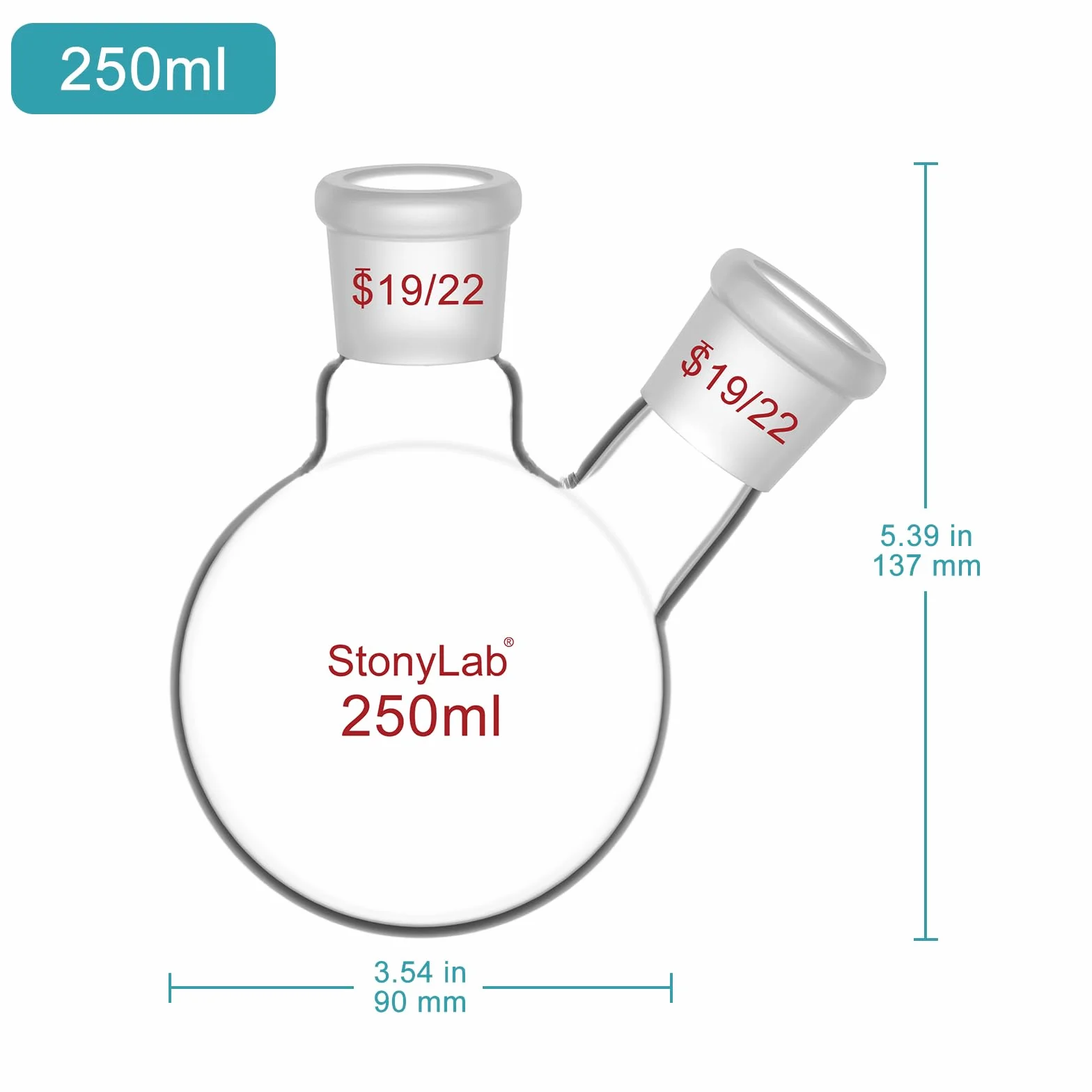 StonyLab szklana kolba okrągłodenna 250 ml 2 szyjka 19/22 stożek zewnętrzny