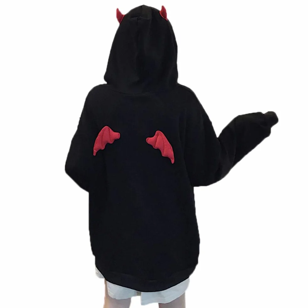 Damska bluza z kapturem Devil Wings luźna bluza z kapturem z długim rękawem sweter z kapturem