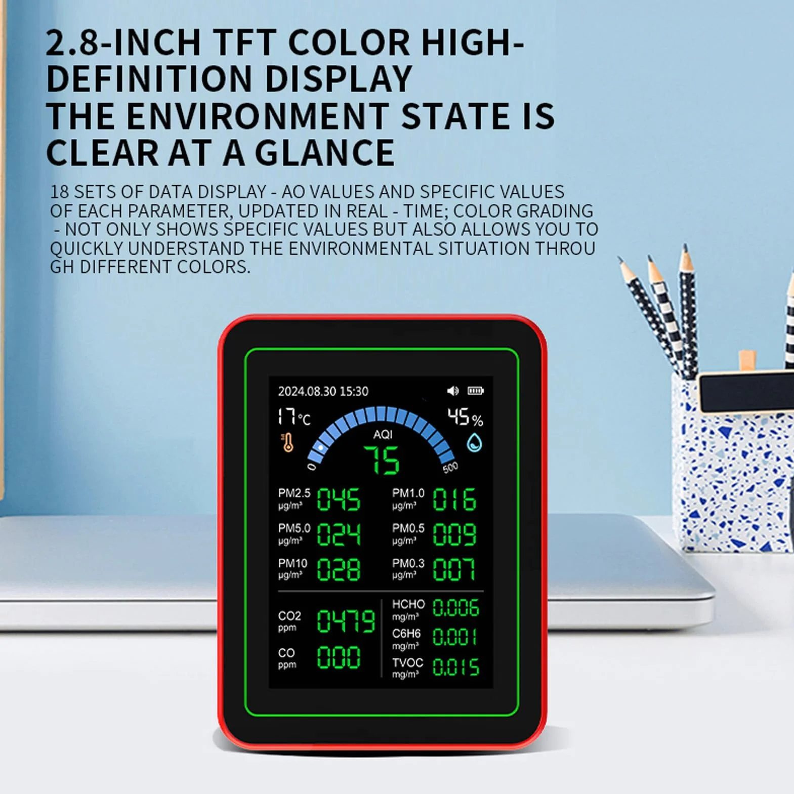 Miernik Jakości Powietrza 18 w 1 CO2 TVOC HCHO PM2.5 PM10 Temp Wilgotność Detekcja Tester Wewnątrz Zasilanie Bateryjne Przechowywanie Danych Wyświetlacz LCD Do Domu Biuro