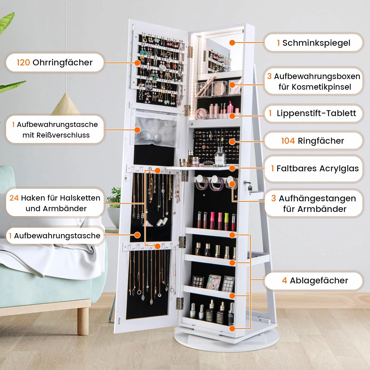 COSTWAY Szafka na biżuterię z lustrem na całe ciało, szafka z lustrem LED, bez ramy, organizer na biżuterię, obracany o 360° i zamykany, do przechowywania biżuterii (biała)