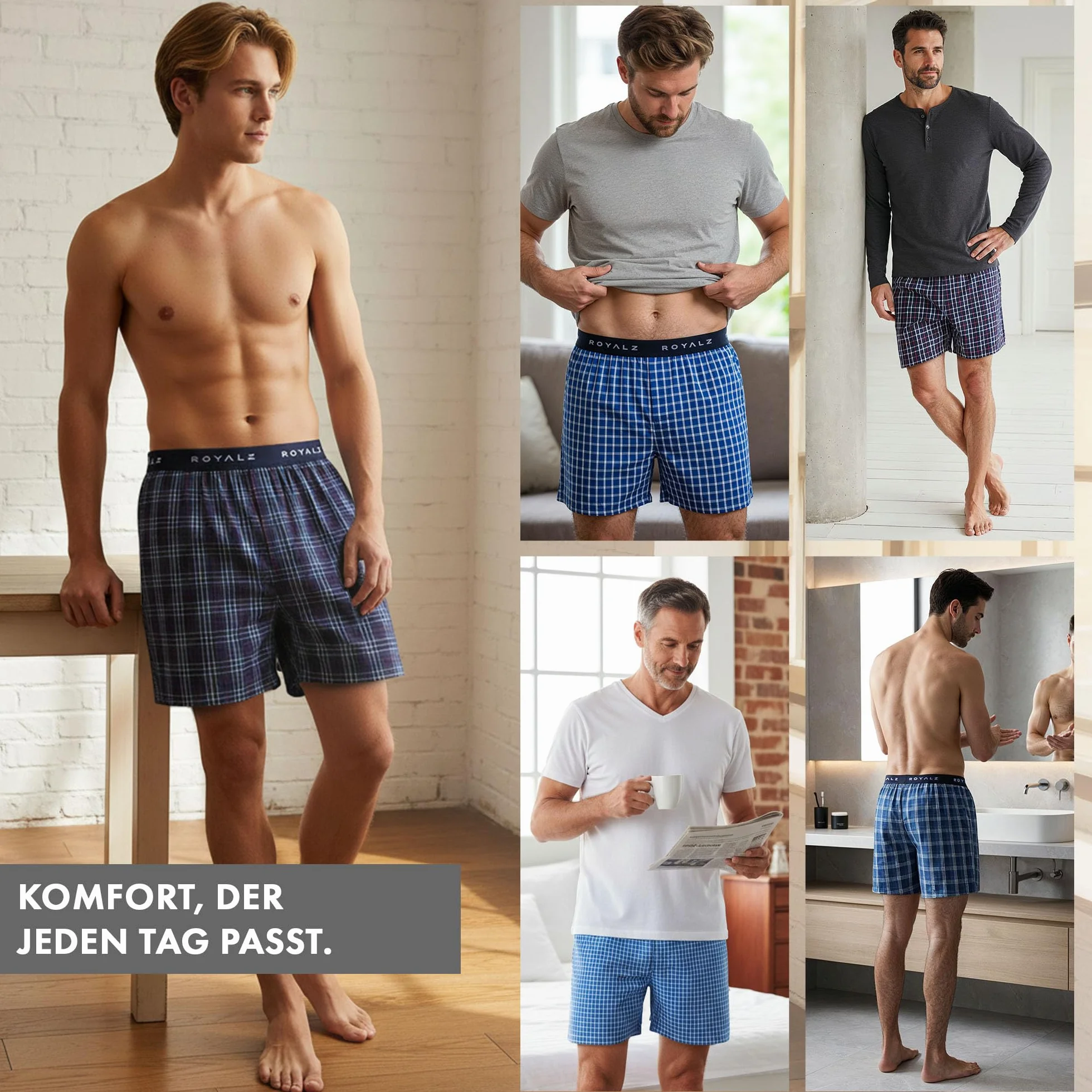 ROYALZ Zestaw 5 par bokserek w stylu amerykańskim dla mężczyzn, majtki w kratkę, niebieskie, klasyczne, zestaw 5 sztuk, bielizna dla chłopców