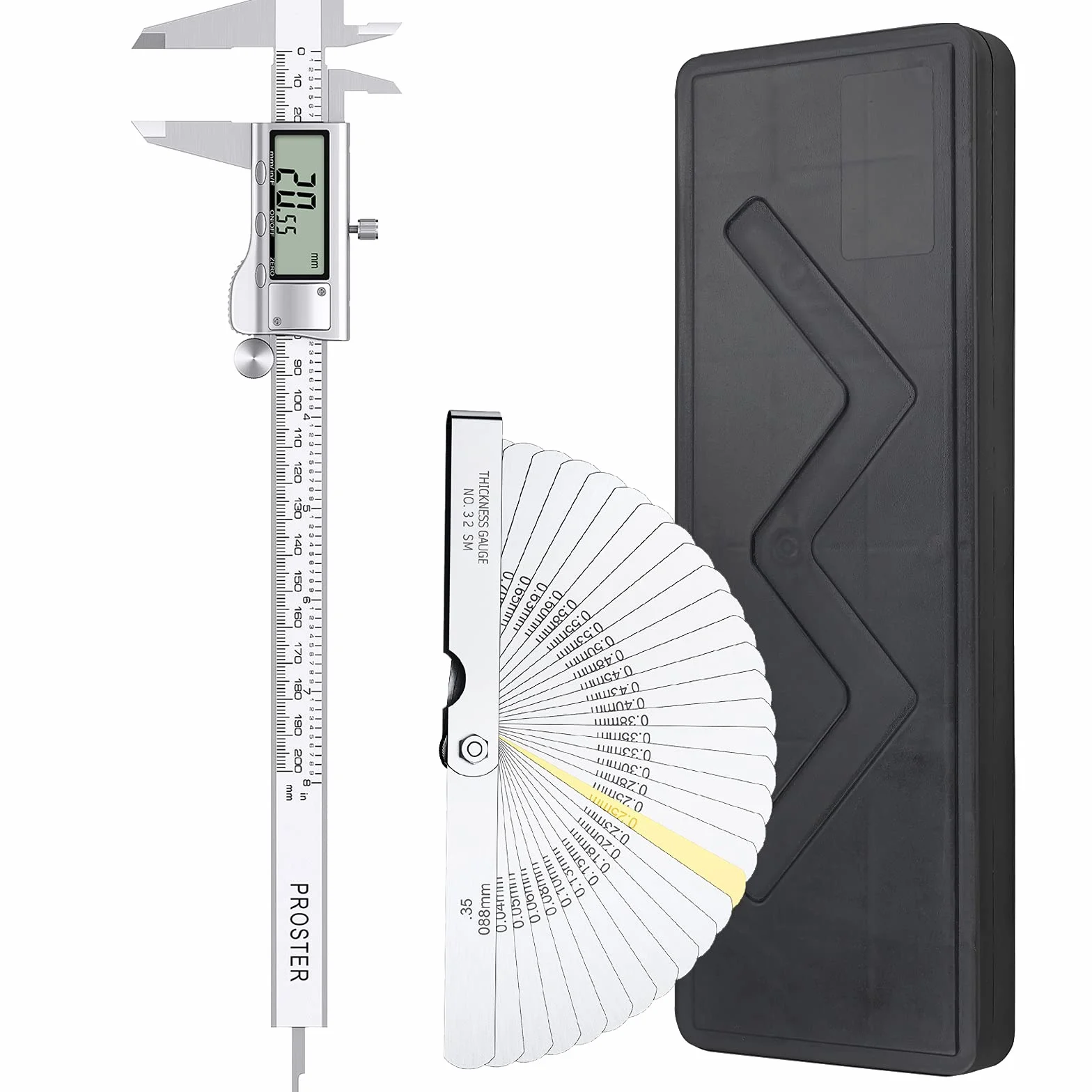 Proster Cyfrowa suwmiarka 200 mm + 32 szczelinomierz ze stali nierdzewnej, elektroniczna suwmiarka calowa/frakcyjna/metryczna suwmiarka do długości, szerokości, głębokości, średnicy wewnętrznej