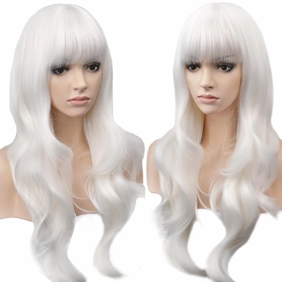 28 cali 70 cm damska peruka do Cosplay, długie peruki falowane kręcone włosy z grzywką na imprezę anime kostium na Halloween biały