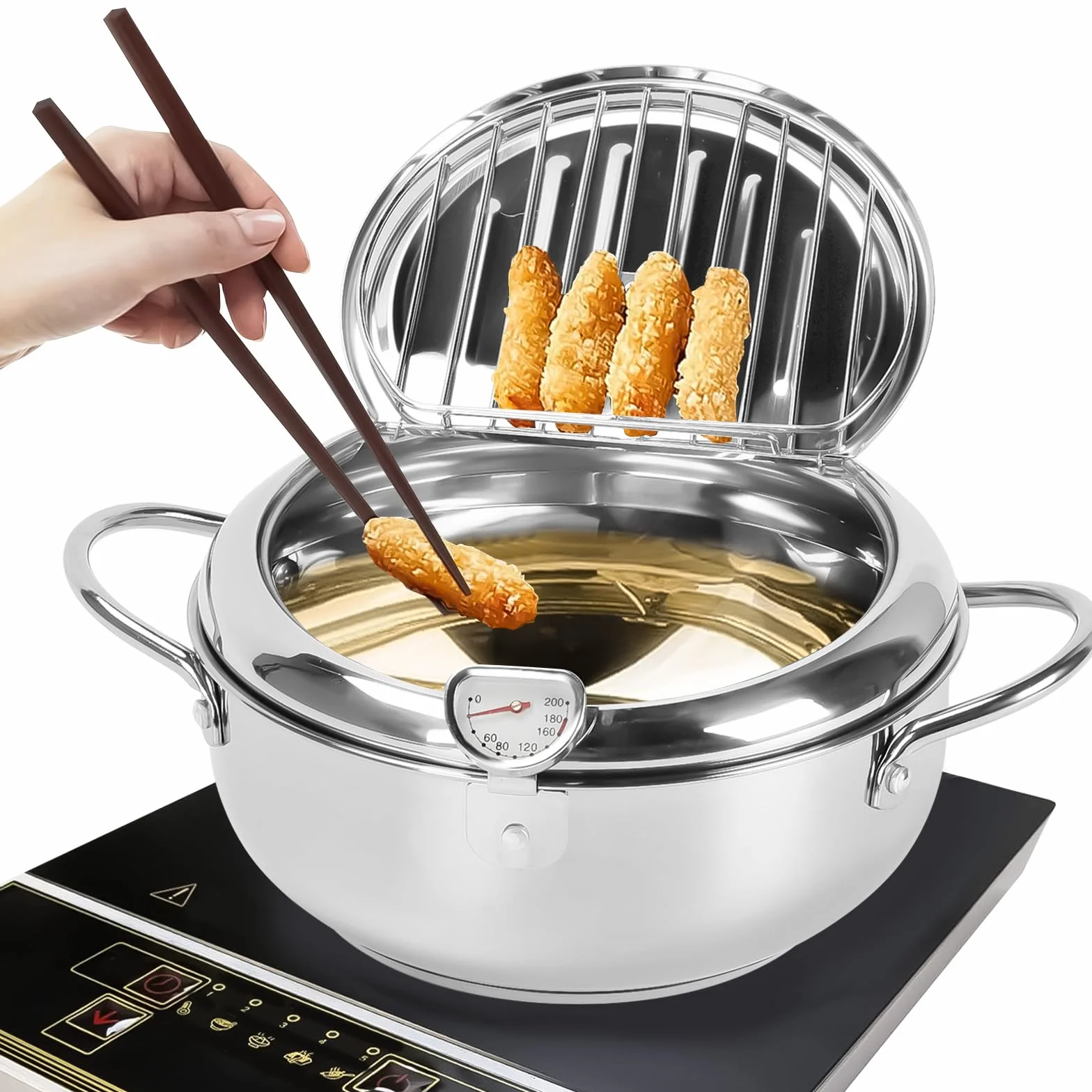 Frytkownica, garnek do smażenia w stylu japońskim, japońska frytkownica tempura, z termometrem i pokrywką, japoński garnek do smażenia ze stali nierdzewnej, do frytek, skrzydeł kurczaka i krewetek (20