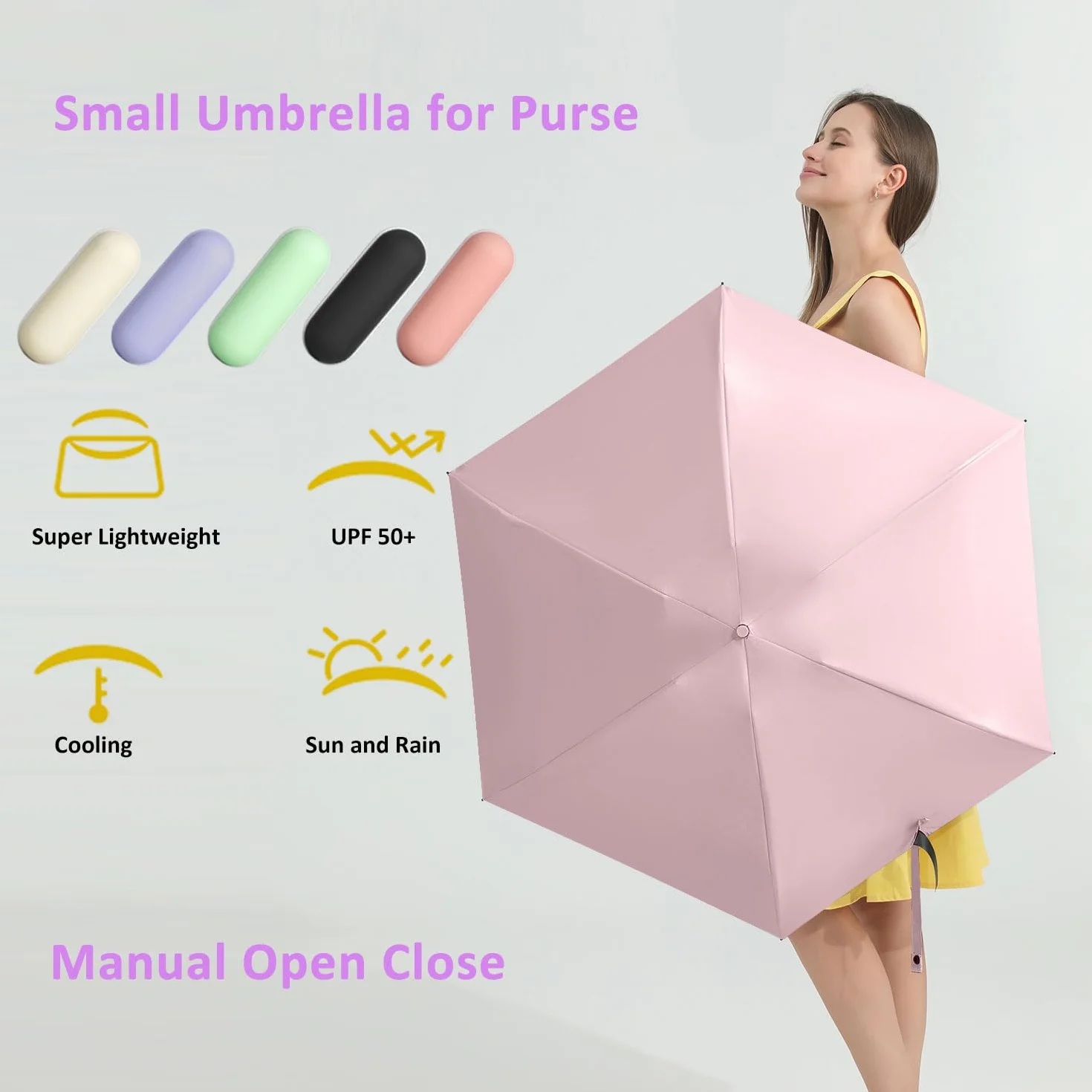 BAODINI Podróżny mini parasol do torebki z etui-mały kompaktowy parasol chroniący przed promieniowaniem UV lekki mały parasol kieszonkowy UPF 50+ dla kobiet dziewcząt mężczyzn