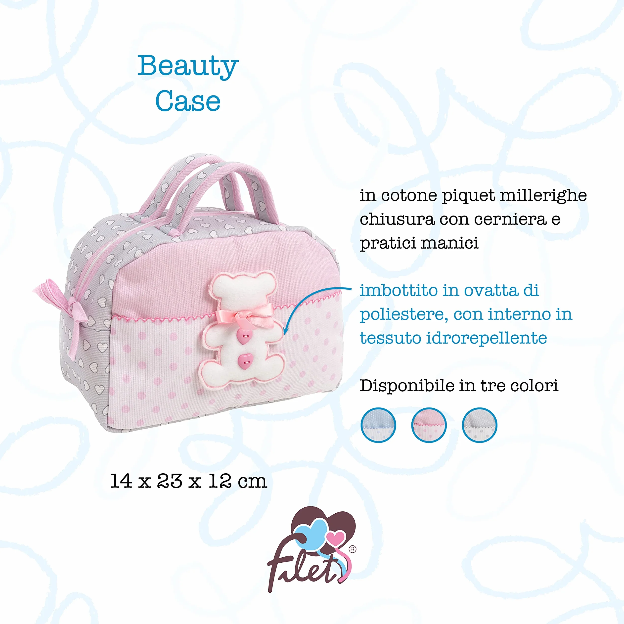 FILET - Beauty Case z uchwytami i zamkiem błyskawicznym, z haftem w kształcie misia, wykonany z bawełny wyściełanej, idealny do pielęgnacji, 100% Made in Italy, szary i różowy