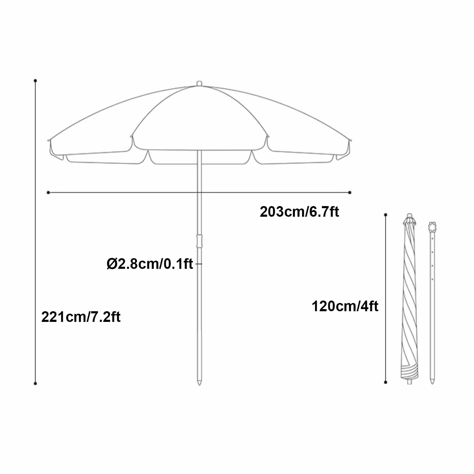 Regulowany parasol na patio 5,9/7,2/7,9/8,5 stóp UPF 50+ osłona przeciwsłoneczna Idealny parasol plażowy i ogród na pokład tarasowy Balcony (podstawa nie jest dołączona)