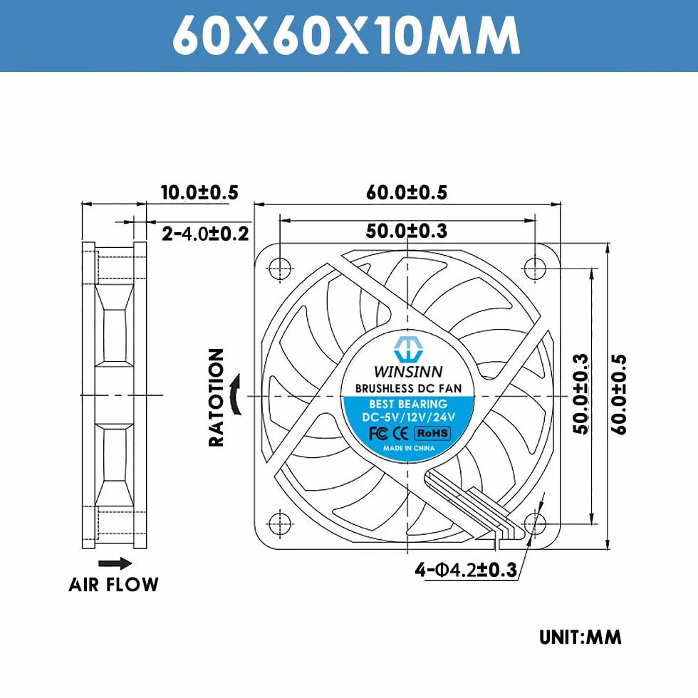 WINSINN Wentylator 60 mm 24 V bezszczotkowy 6010 60 x 10 mm - wysoka prędkość (opakowanie 4 szt.)