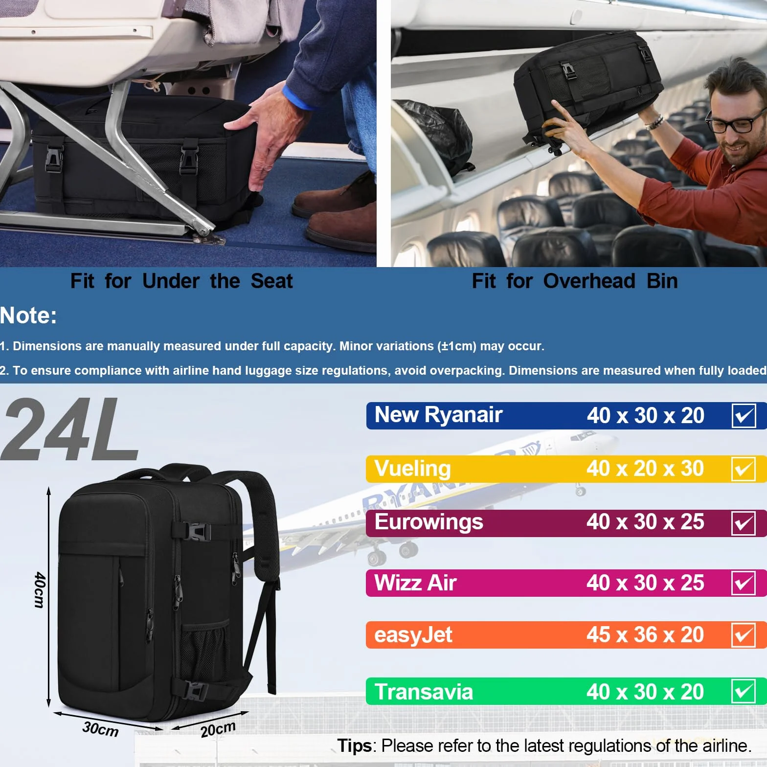 Bagaż Podręczny 40x30x20 Plecak do Ryanair, Eurowings, Wizzair, Vueling, Plecak Podróżny Wodoszczelna Komora Torba Kabinowa 24L Bagaż Podręczny Pasuje Do Laptopa 15.6 Cali, Czarny
