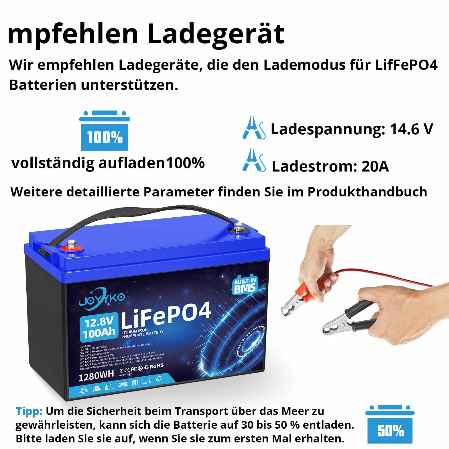 Lifepo4 akumulator litowy 100 Ah 12 V z 15 000 cyklami głębokiego ładowania i ochroną zarządzania baterią, akumulator litowy 12,8 V 100 Ah na ponad 10 lat (12.8V100Ah)