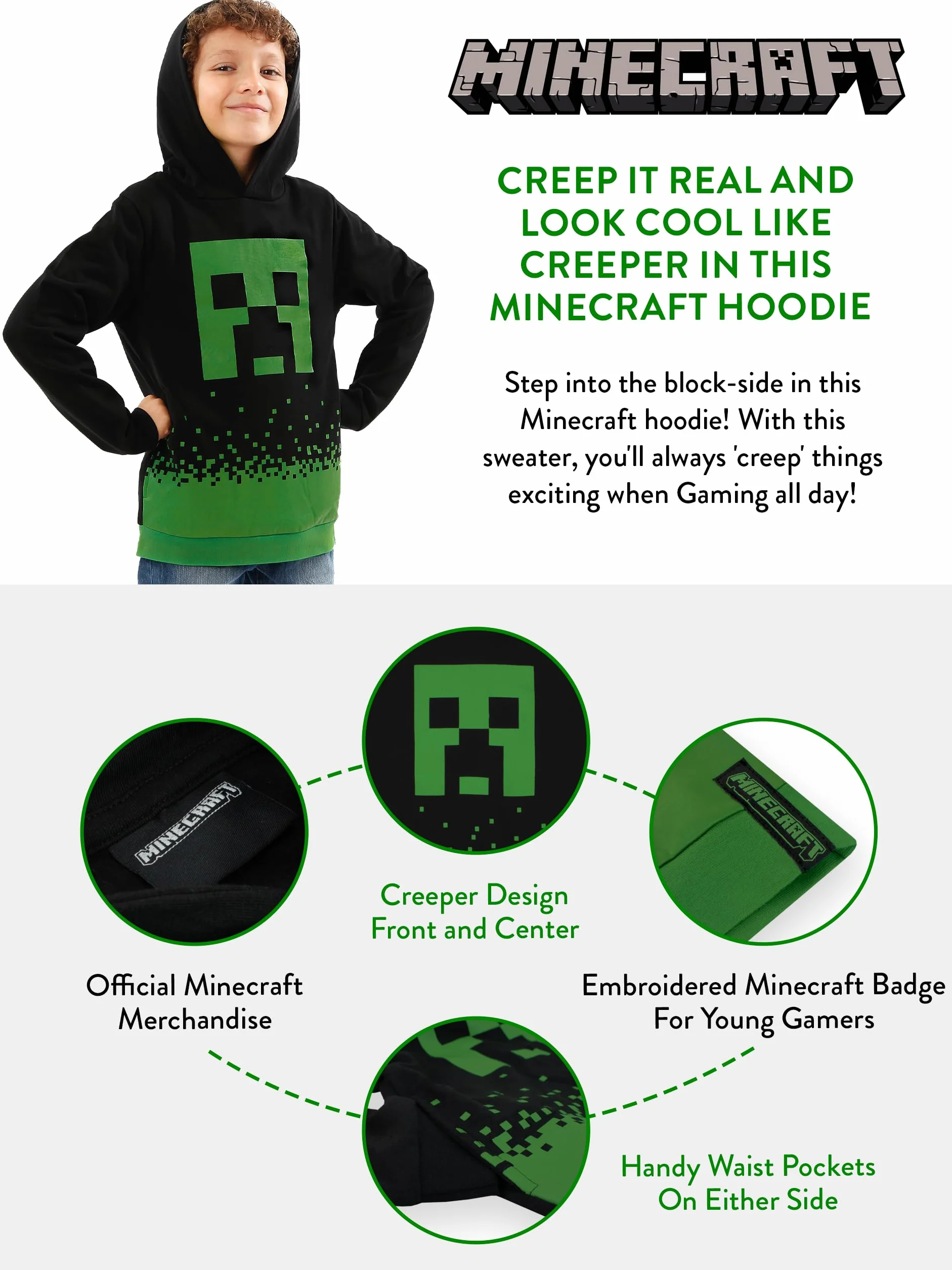 Bluza z kapturem Minecraft dla chłopców | Bluza z kapturem Creepera | Ubrania gamingowe dla dzieci
