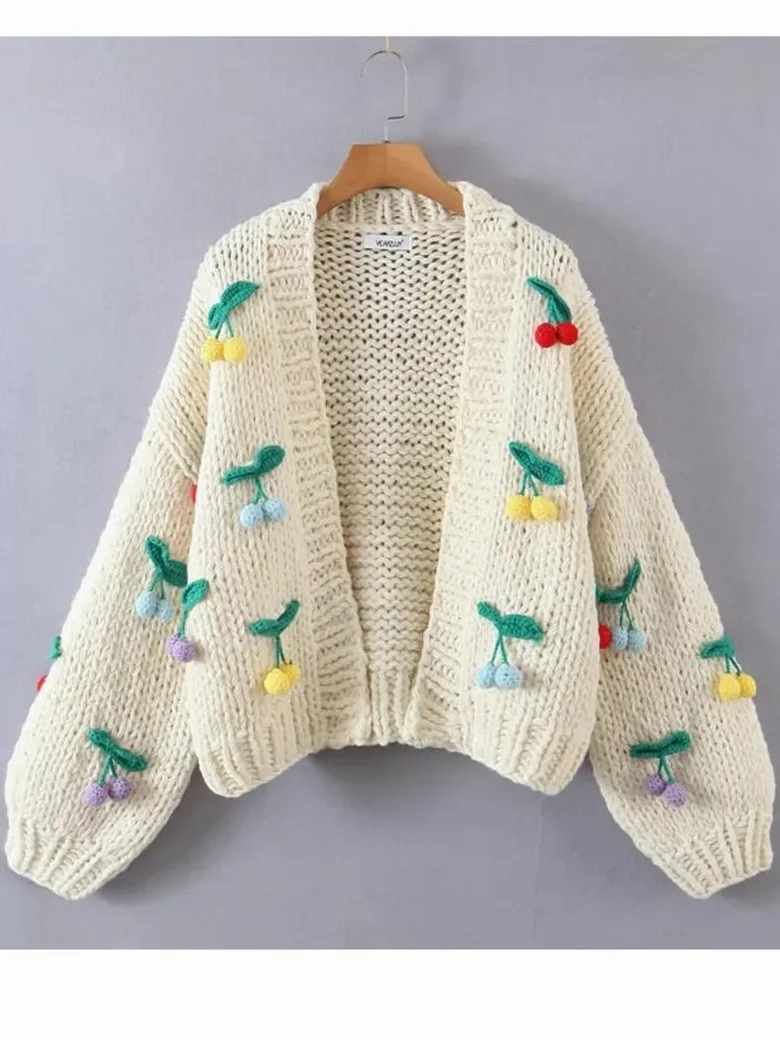 Damski sweter z dekoltem w serek, z długim rękawem, dziergany sweter retro, ręcznie robiony sweter szydełkowy vintage