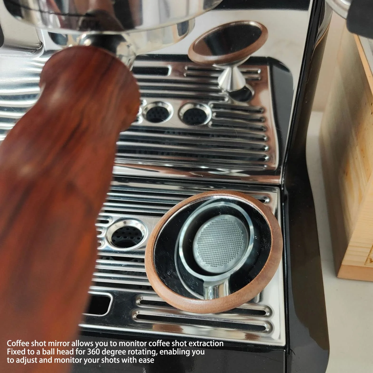 Espresso Mirror, Obrót o 360 Stopni Obserwacja Natężenia Przepływu Kawy Lustro Odblaskowe Średnica 2,4 Cala Manipulowanie kawą Lustro Odblaskowe Orzech Czarna Podstawa