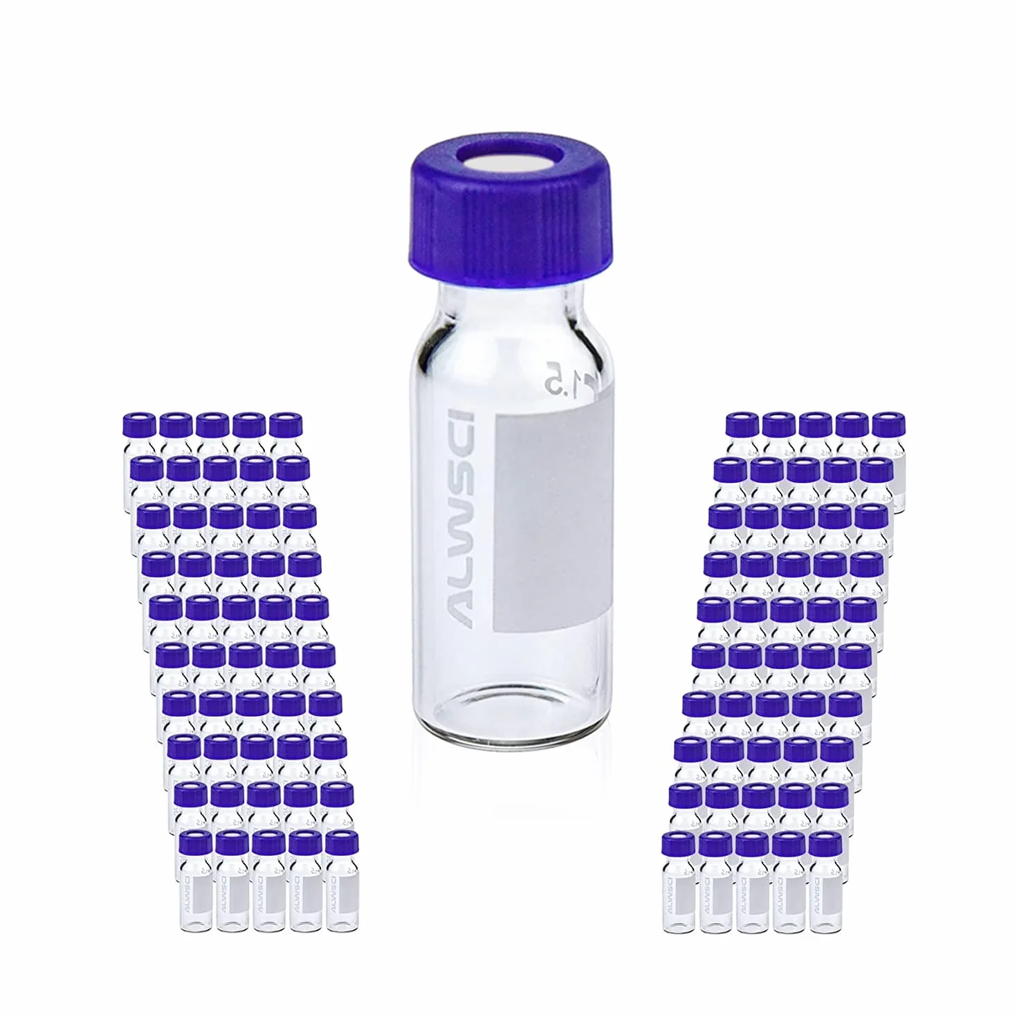 ALWSCI 2 ml HPLC szklane buteleczki, przezroczyste buteleczki laboratoryjne, 9-425 przezroczystych buteleczek, niebieska zakrętka, czerwony PTFE i biały silikon Septa, 100 sztuk