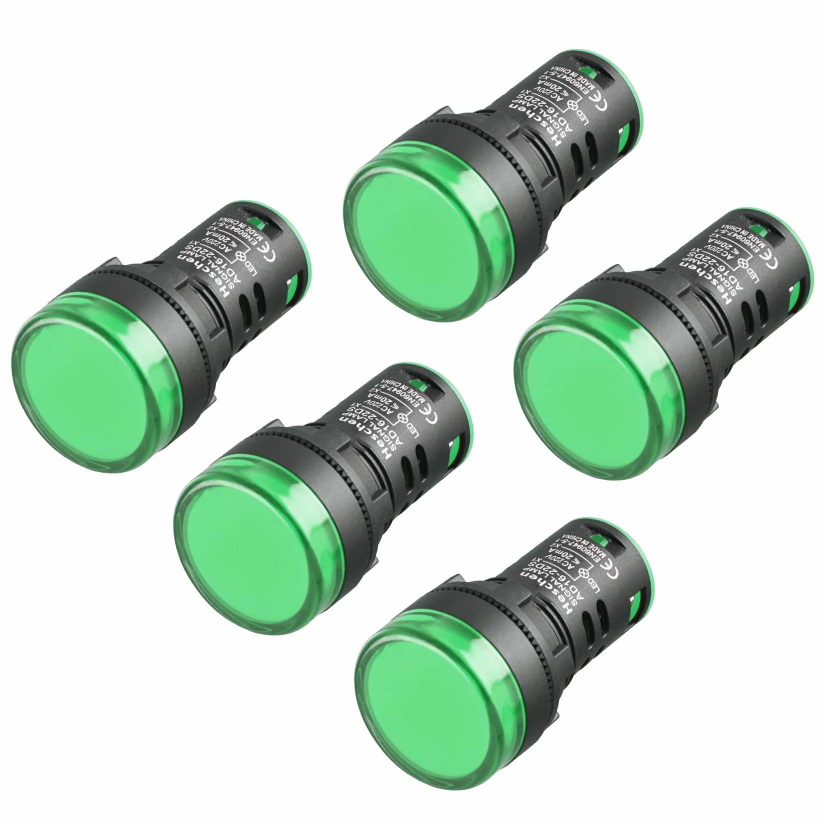 Heschen 22 mm LED wskaźnik świetlny AD16-22D/S 220 V AC 20 mA zielone światło kolor 5 szt.