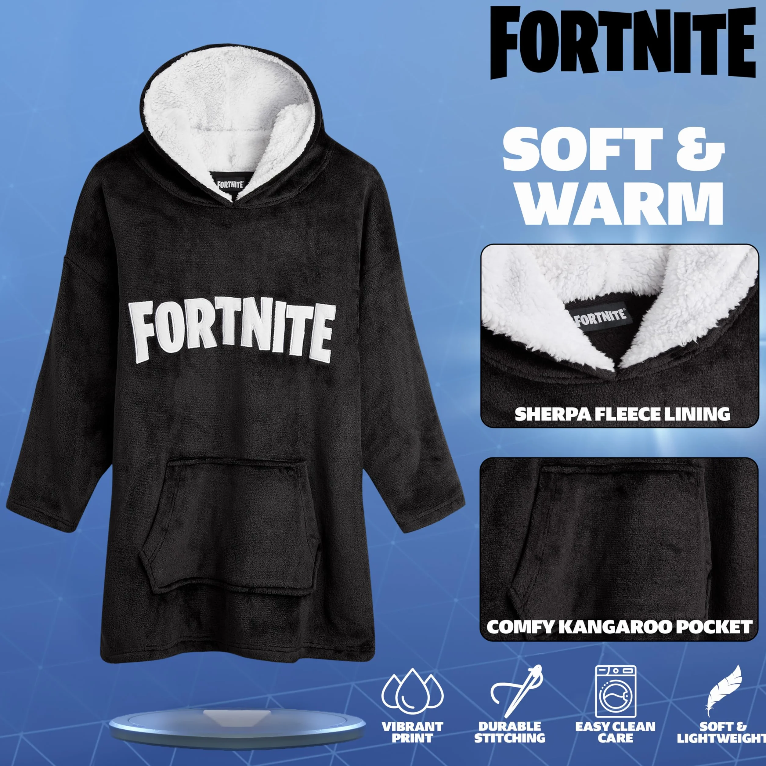 Bluza z kapturem Fortnite dzieci, duży rozmiar, koc z rękawami, polar, czarny