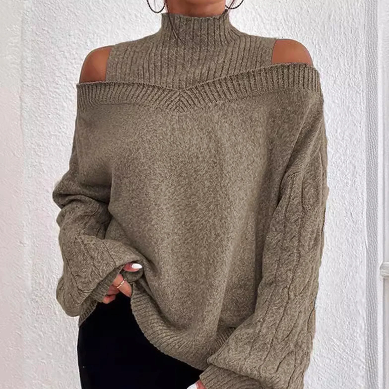 2025 Mock Neck swetry dla kobiet golf topy damskie 2025 sweter z odkrytymi ramionami pulower półgolf rękaw osiem luźne do treningu wewnątrz na zewnątrz podstawowa koszulka prezenty świąteczne