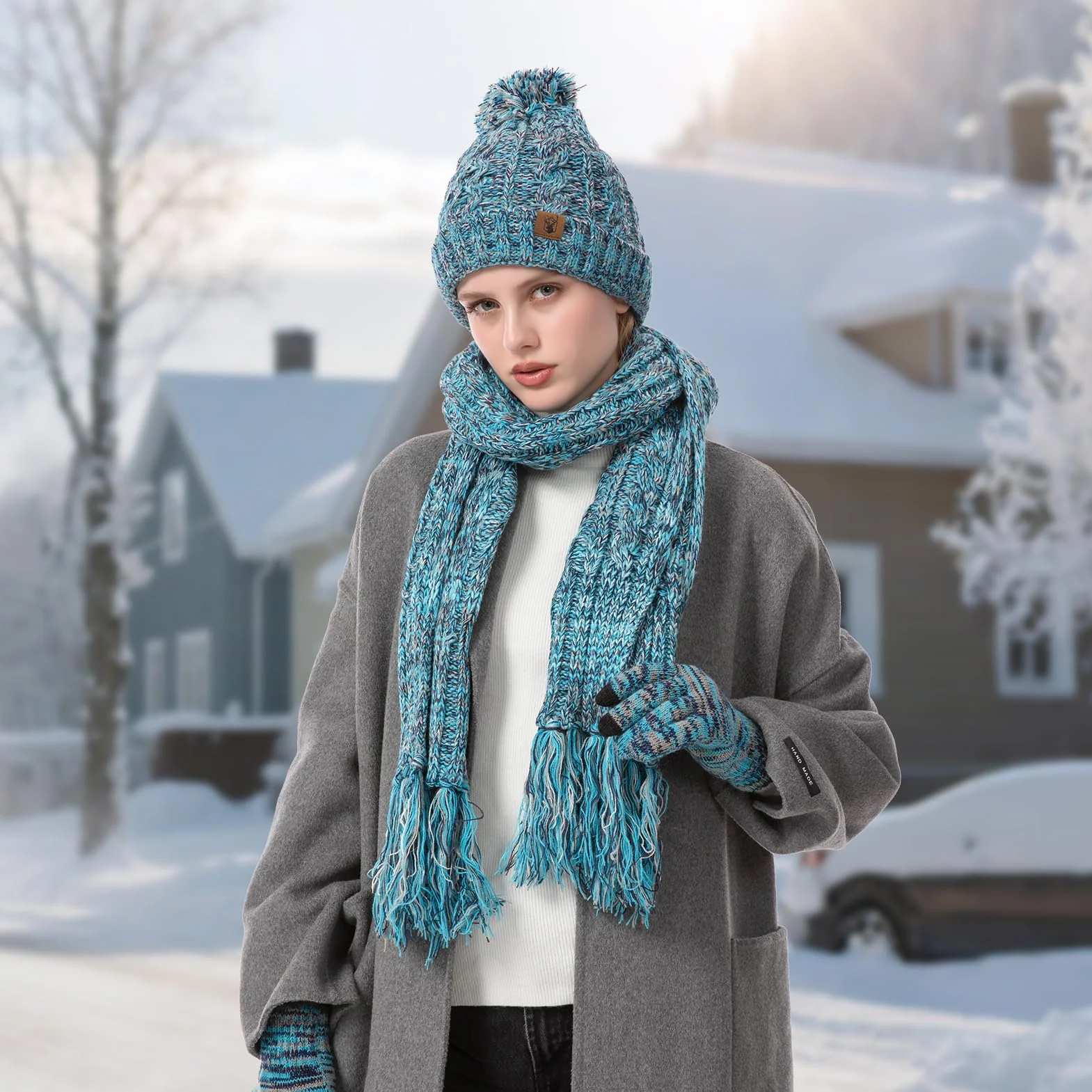 Guantes de la bufanda del sombrero de las mujeres Beanie Calentador de cuello largo Bufanda y guantes de pantalla táctil térmica Set 3 PCS Invierno Pom Cap Set Unisex Melange de punto Lago Azul