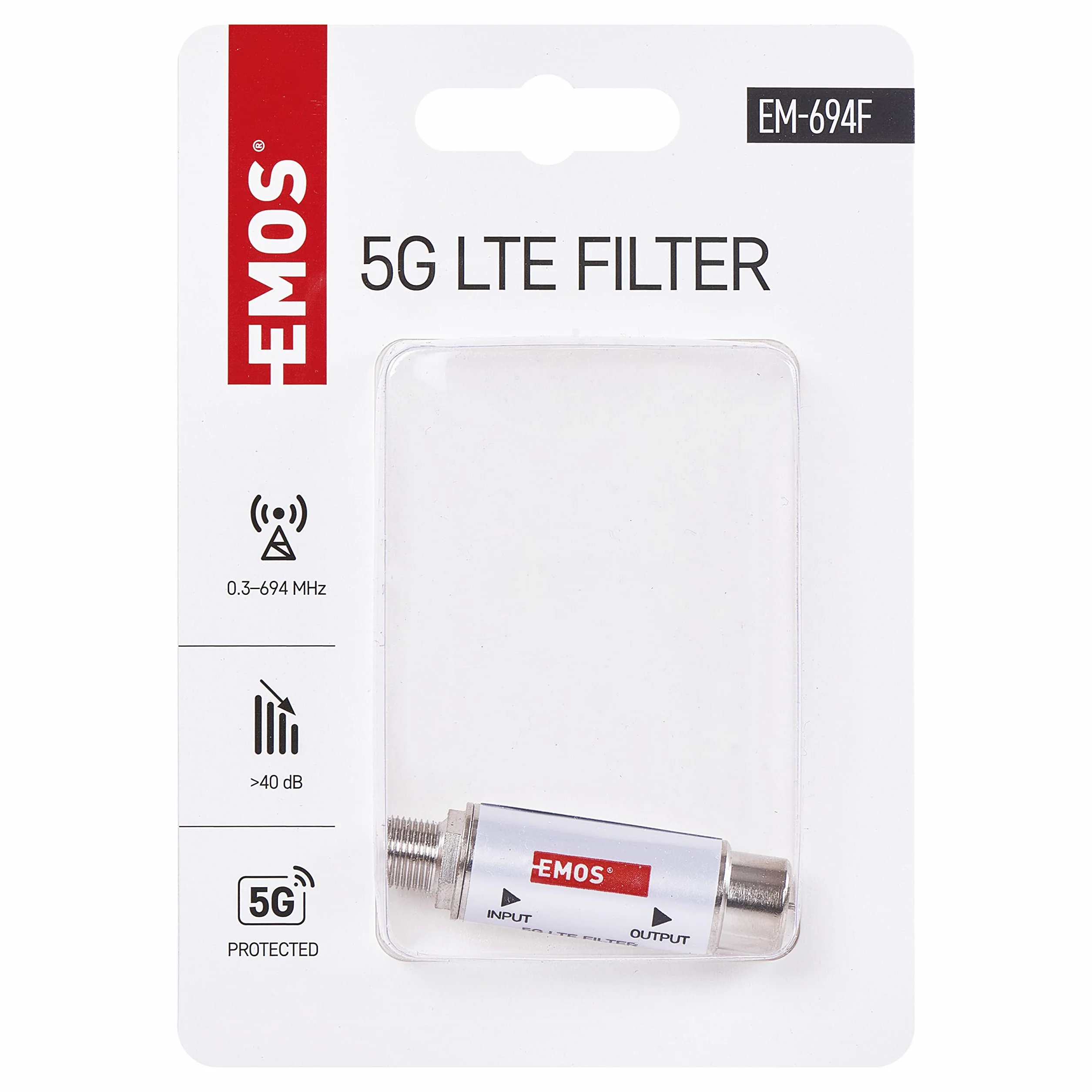 EMOS LTE/4G/5G filtr blokujący, zakres przepustowości do 694 MHz, przejście DC, 1,6 x 4 cm, złącze F J5711 srebrny
