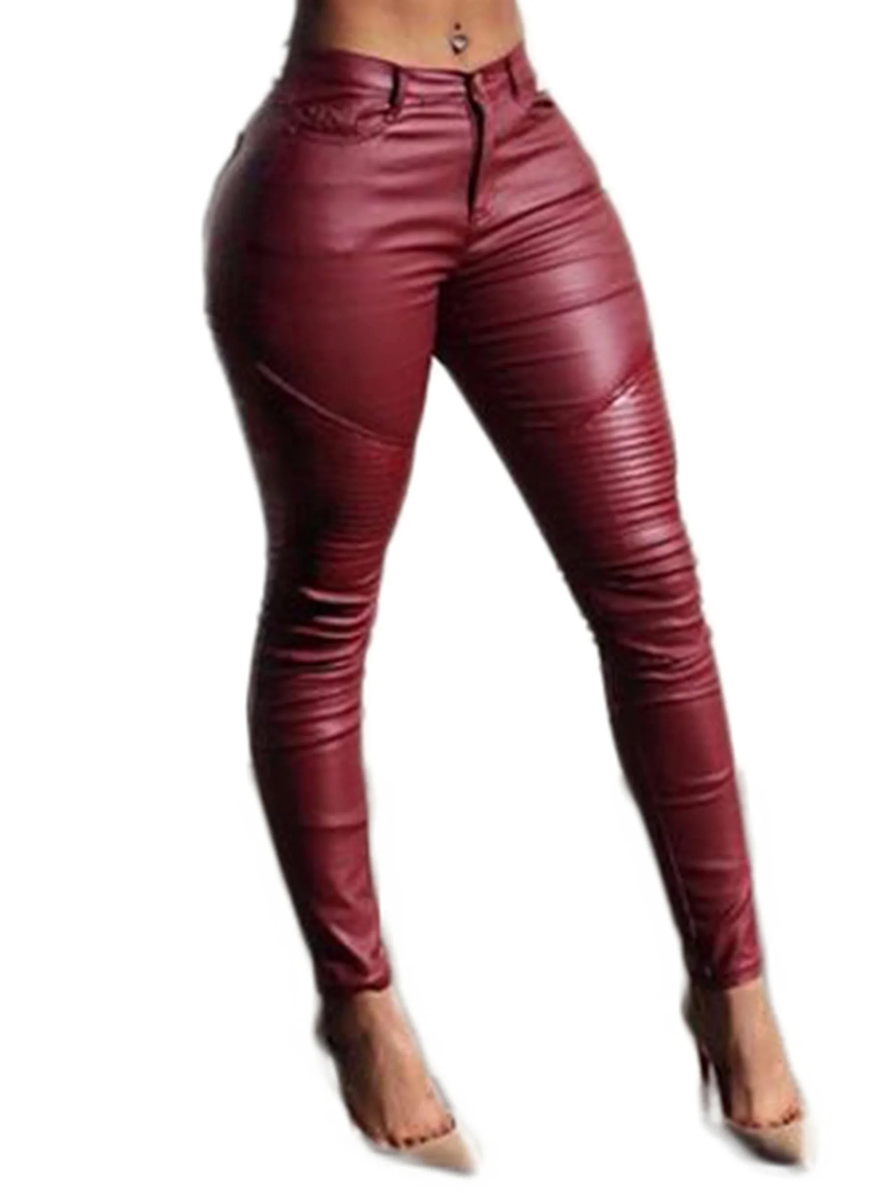 Damskie skórzane seksowne spodnie ze sztucznej skóry Push Up Legginsy Slim Fit Fałdy na kolanach Skórzane spodnie motocyklowe (wino-czerwone M)