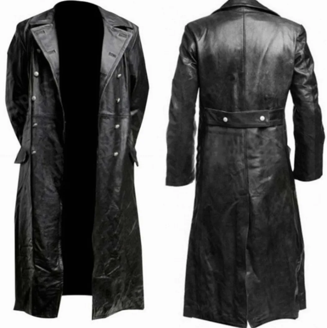 Vogrtcc Męski mundur wojskowy oficer czarny skórzany trencz, Czerwony, 3XL