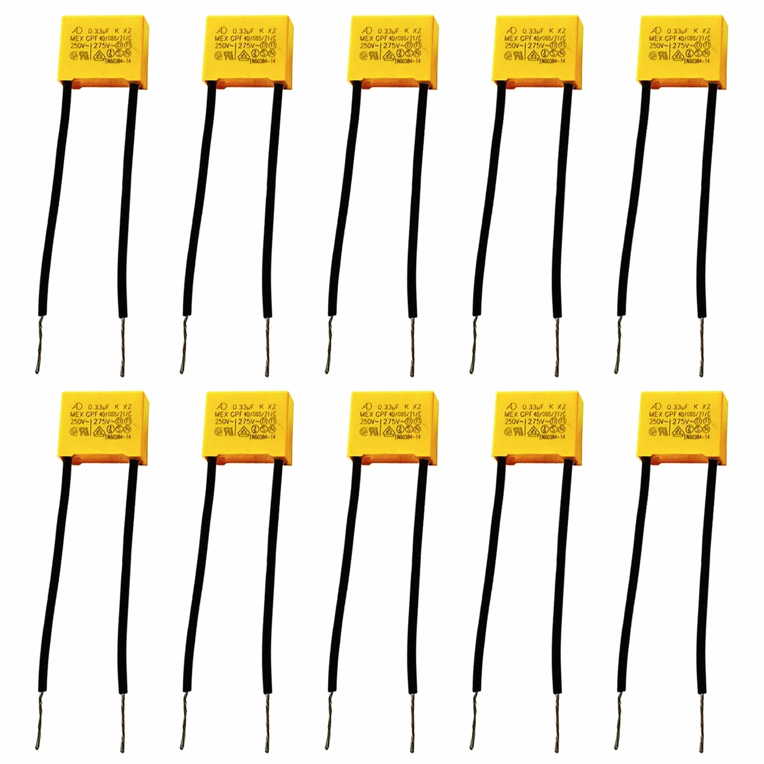 10 sztuk x 2 0,33uF 275 V AC, kondensator do żarówek LED, tłumiący, samoregenerujący się kondensator z folii metalowej, ochrona przed zakłóceniami w trybie różnicowym
