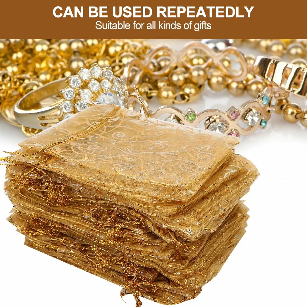 Woreczek na prezent, 100 szt., 9 x 12 cm, organza, woreczek ze sznurkiem, wielofunkcyjna torebka na biżuterię, torebka do przechowywania prezentów, złota, torebki na cukierki na ślub, prysznic,
