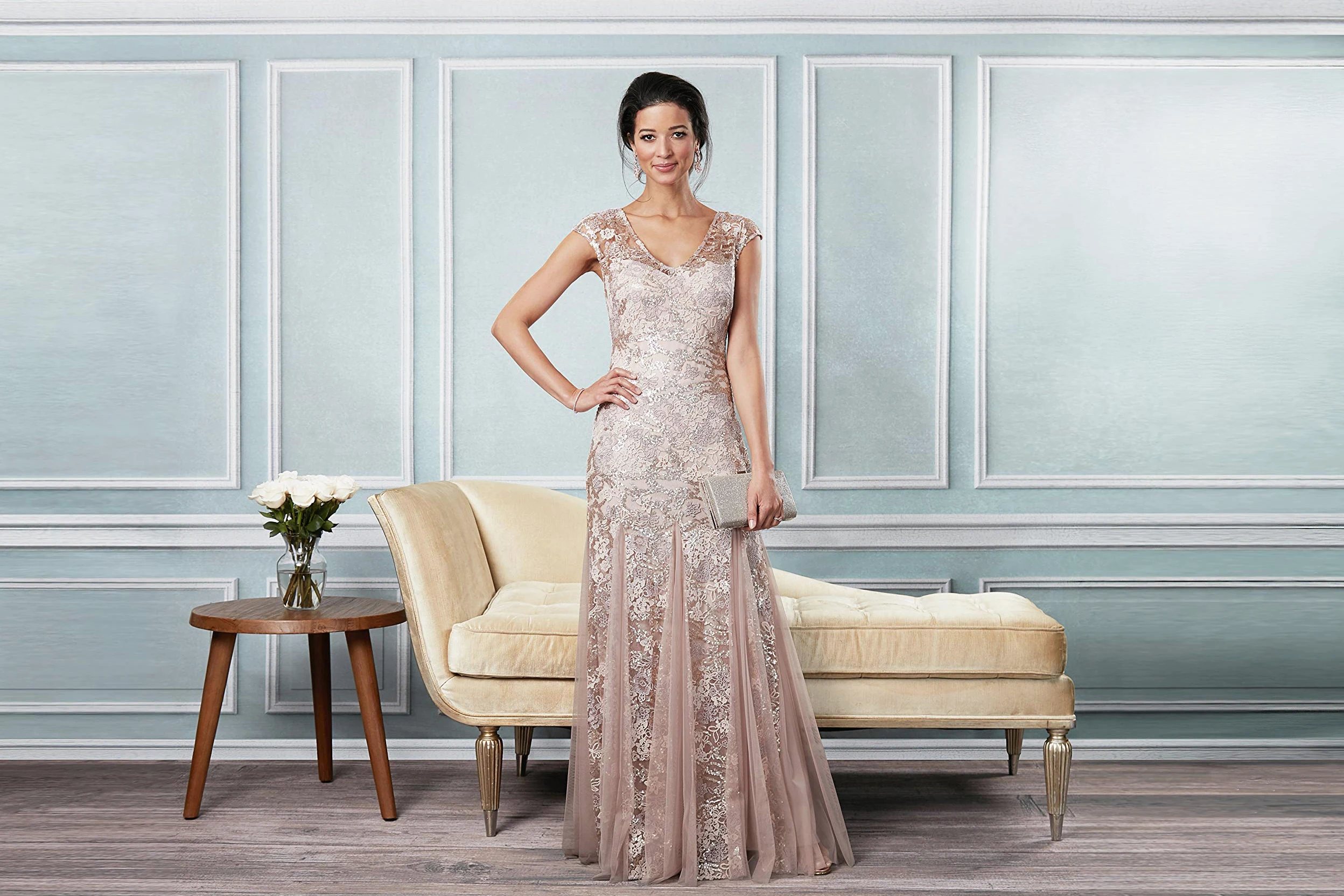Alex Evenings Sukienka damski Embroidered Dress with Illusion Neckline