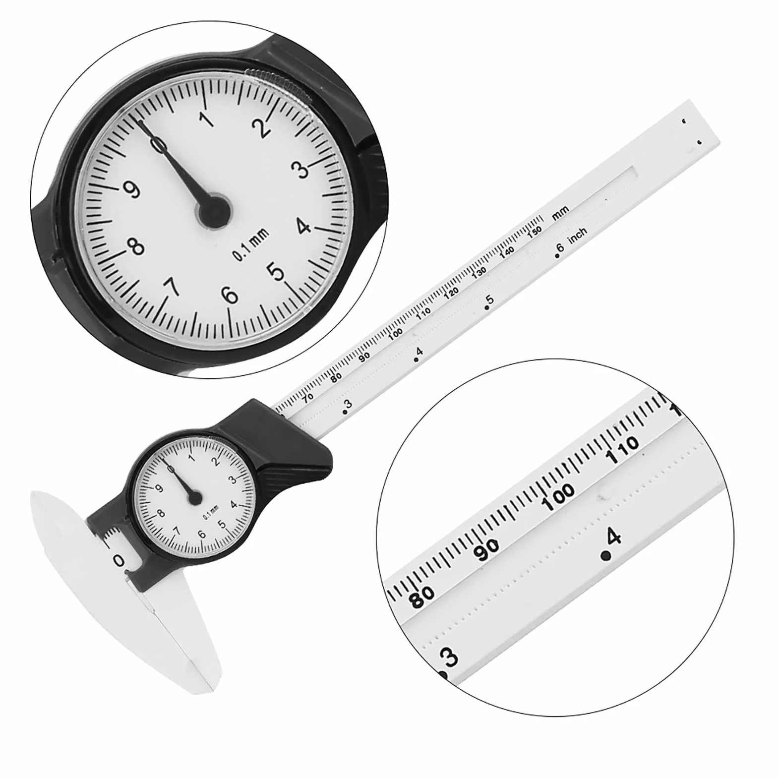 Vernier Suwmiarka 0,01 mm, szybkie i dokładne narzędzie pomiarowe z tworzywa sztucznego, do przemysłu biomedycznego, 0-150 mm (biały) + zacisk zegarowy