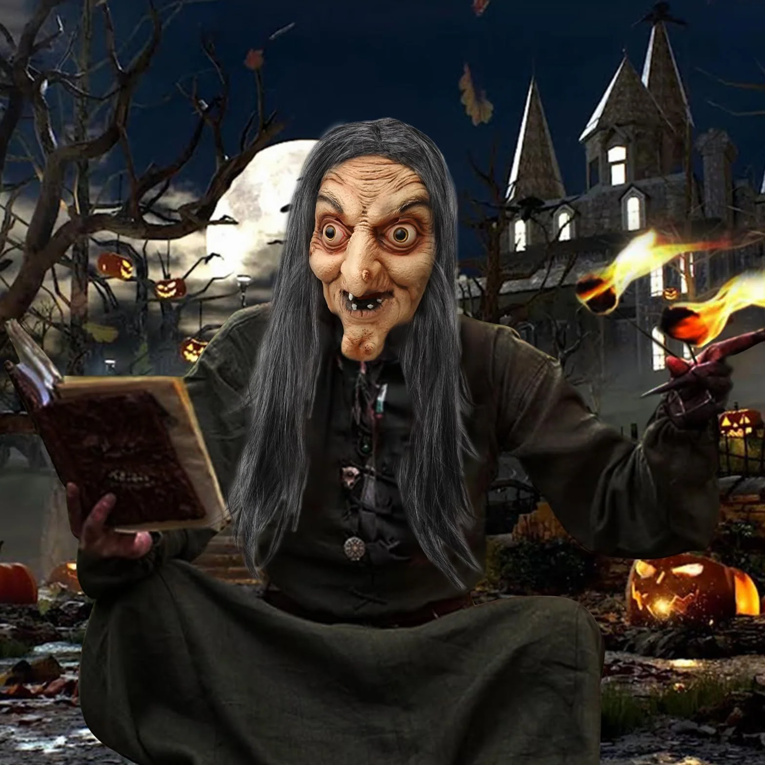 Maska czarownicy na Halloween, lateksowa, realistyczna, z długimi włosami