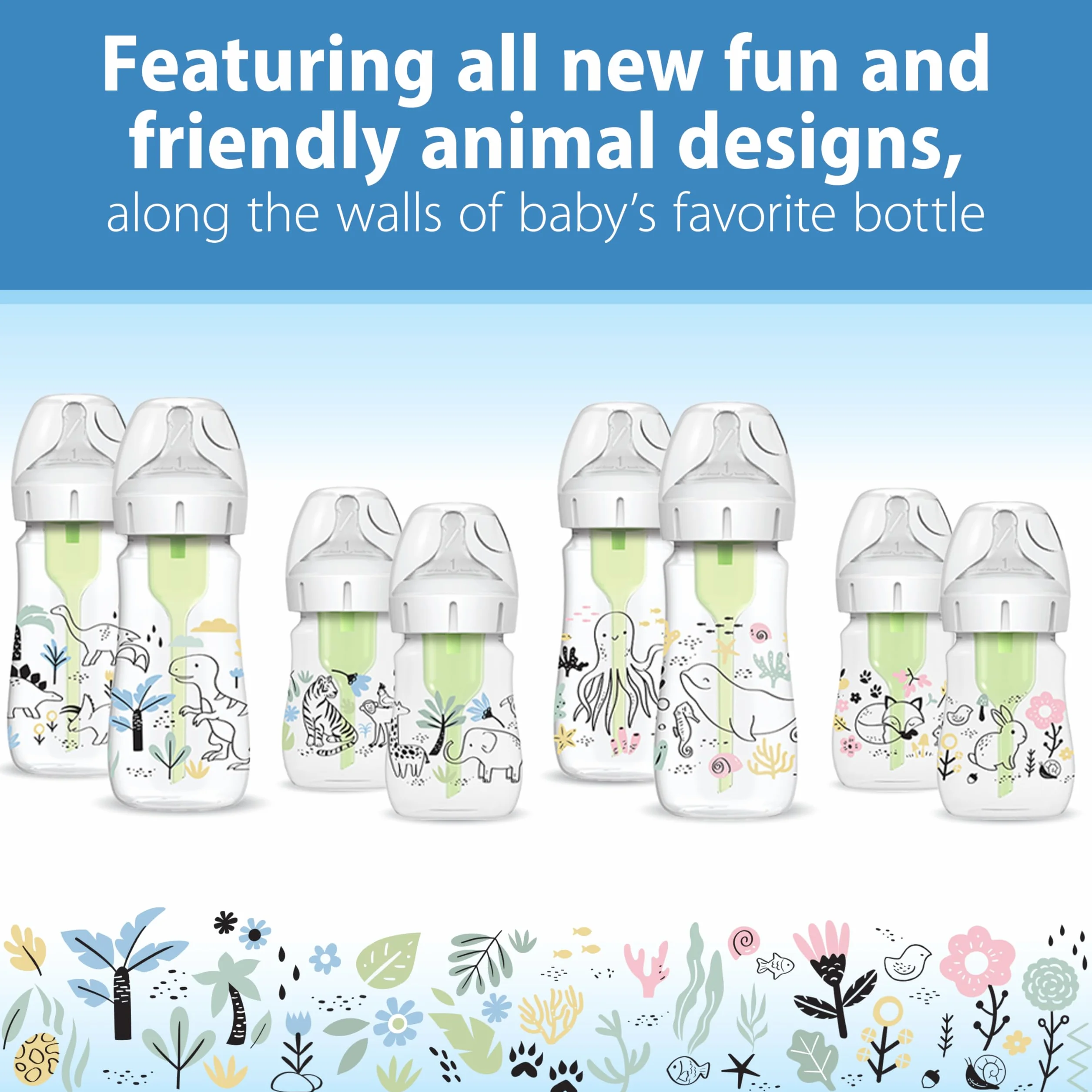 Dr. Brown's Natural Flow Anti-Colic Options+ Butelki z szeroką szyjką, 270 ml, ze smoczkiem poziomu 1, zestaw 2 szt., wzór dinozaura