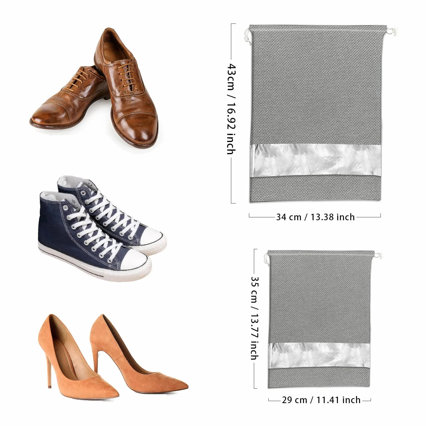 Lovesmile Torba na buty, 10 sztuk, włóknina, zapięcie na sznurek, szare, 2 różne rozmiary, pyłoszczelne, wodoodporne, lekkie, przezroczyste okienko, 10 szt, Szary, Czas wolny